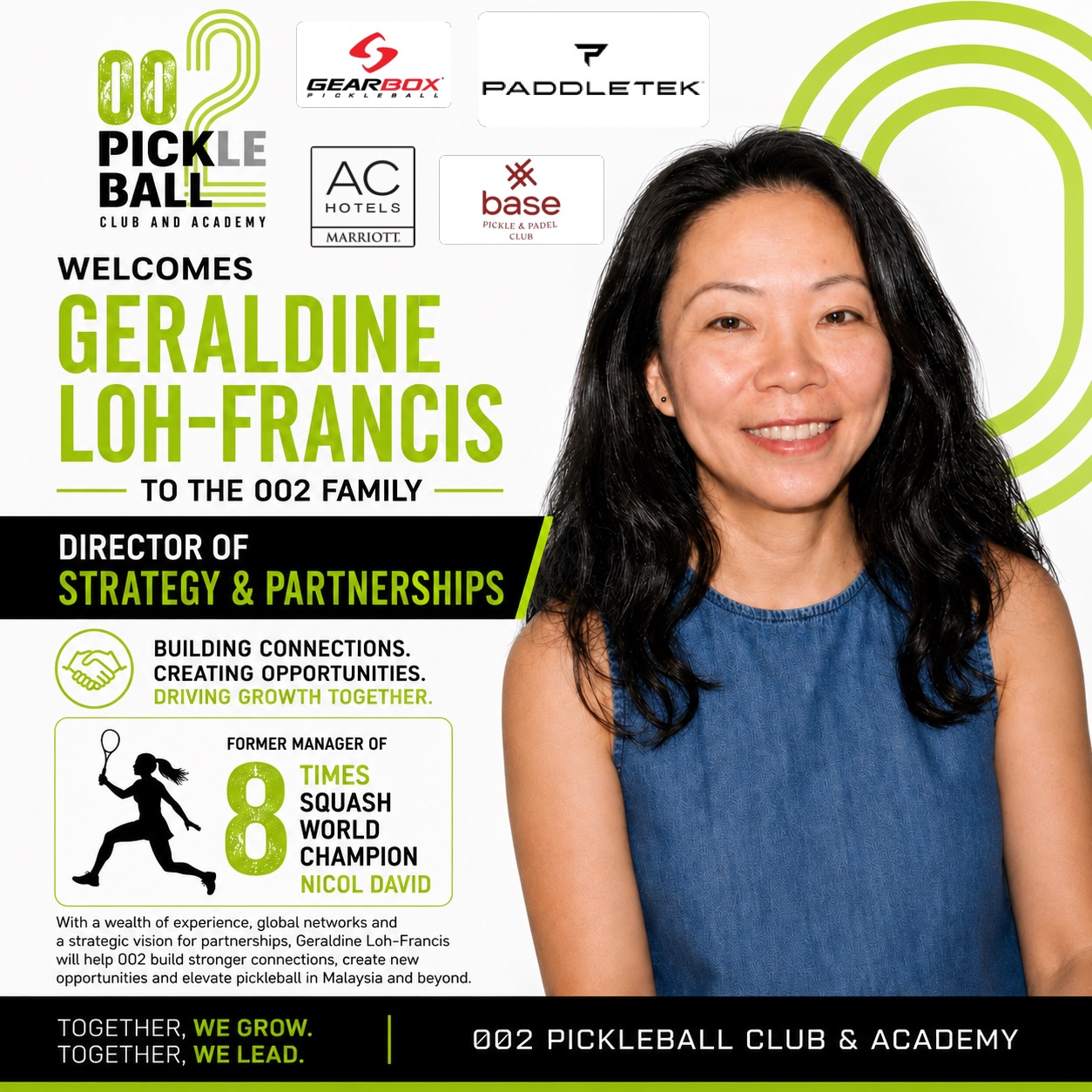 002 Pickleball Club & Academy's announcement welcoming Geraldine Loh-Francis as Director of Strategies & Partnerships.