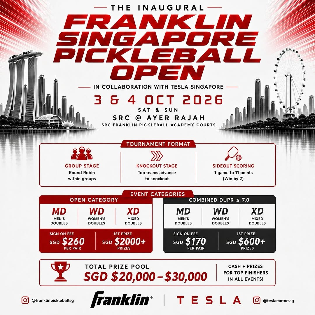 Inaugural Franklin Singapore Pickleball Open announcement, in collaboration with Tesla Singapore