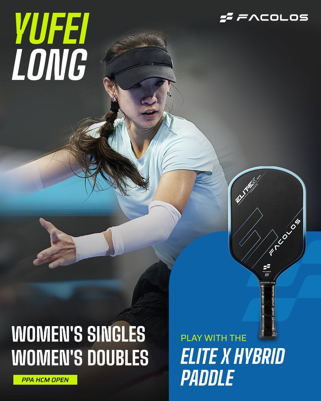 Yufei Long competing in Women's Singles and Women's Doubles at PPA HCM Open with the Facolos Elite X Hybrid paddle.