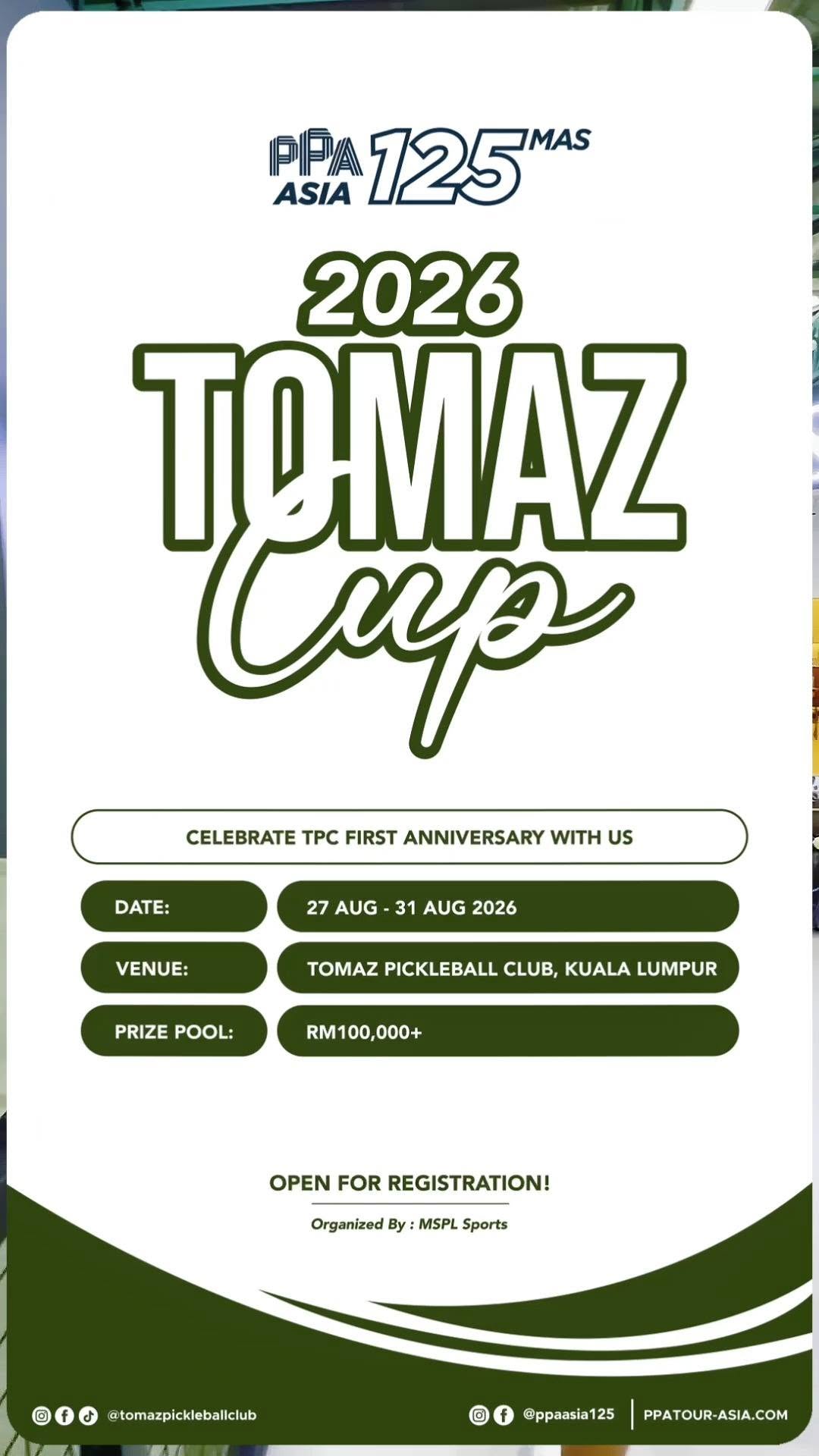 The 2026 PPA Asia 125 Tomaz Cup's own RM100,000+ prize pool announcement.