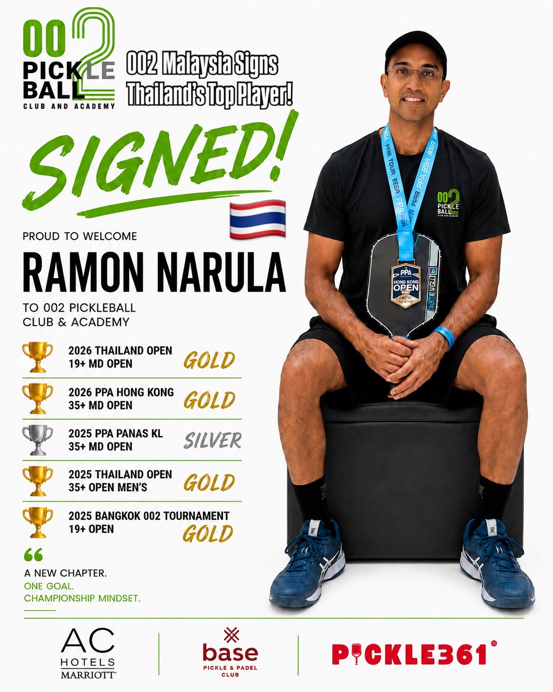002 Pickleball Club and Academy signing announcement for Ramon Narula, listing his 2025 and 2026 tournament results