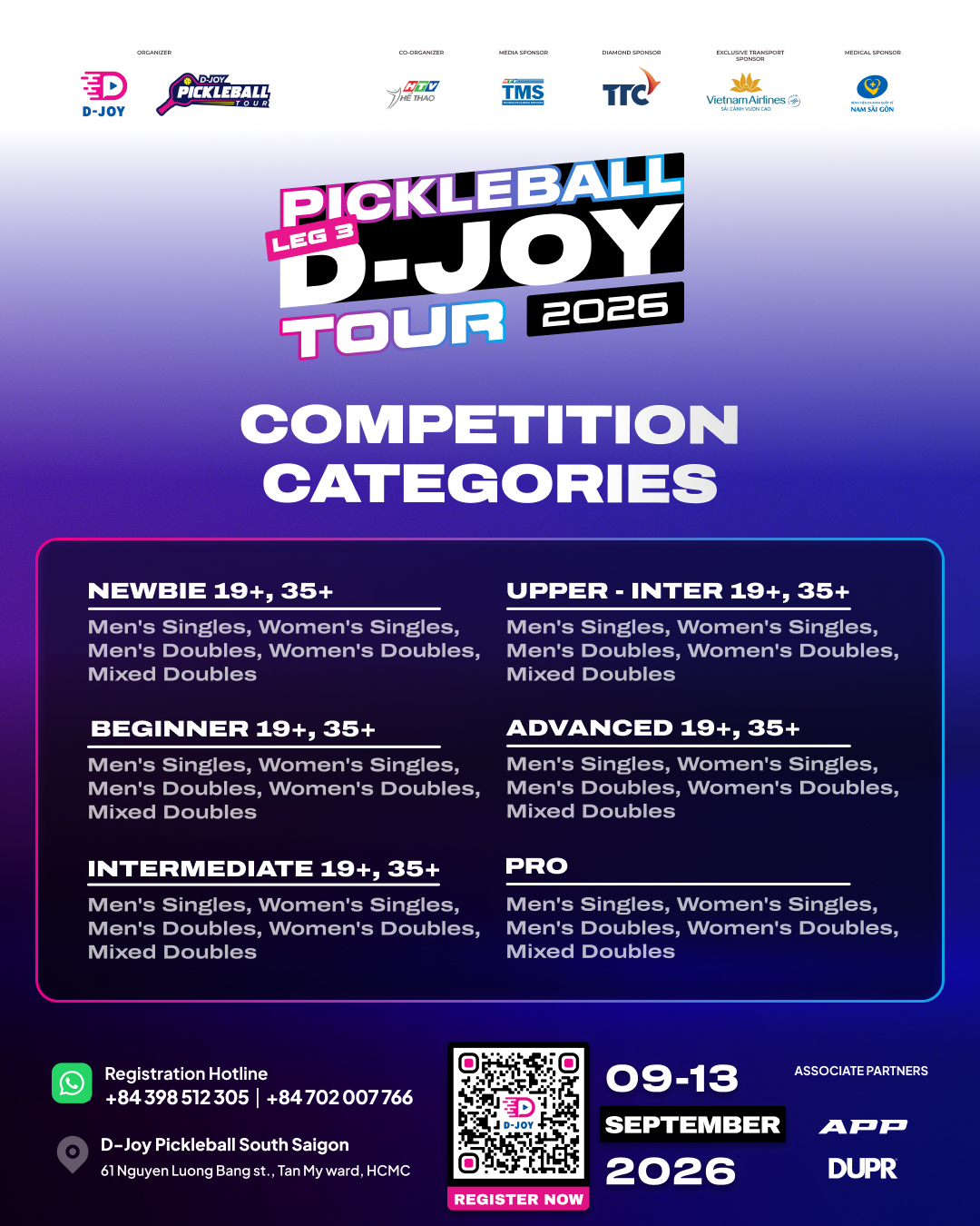 D-Joy Pickleball Tour Leg 3 competition categories table showing six skill tiers