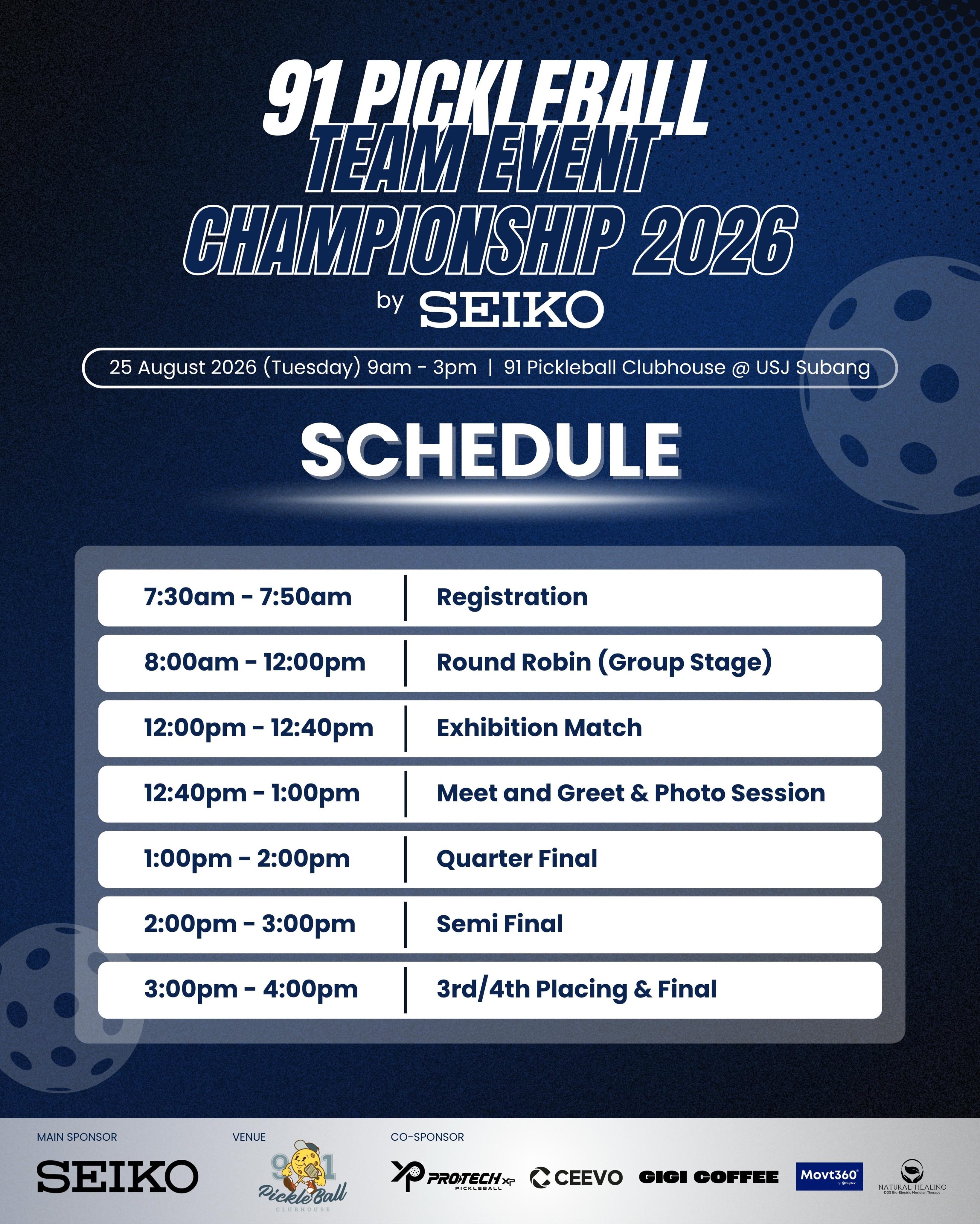 91 Pickleball Team Event Championship 2026 by SEIKO exhibition match and meet and greet featuring Sabrina Gee, Chan Peng Soon, Aaron Chia, and Goh Liu Ying