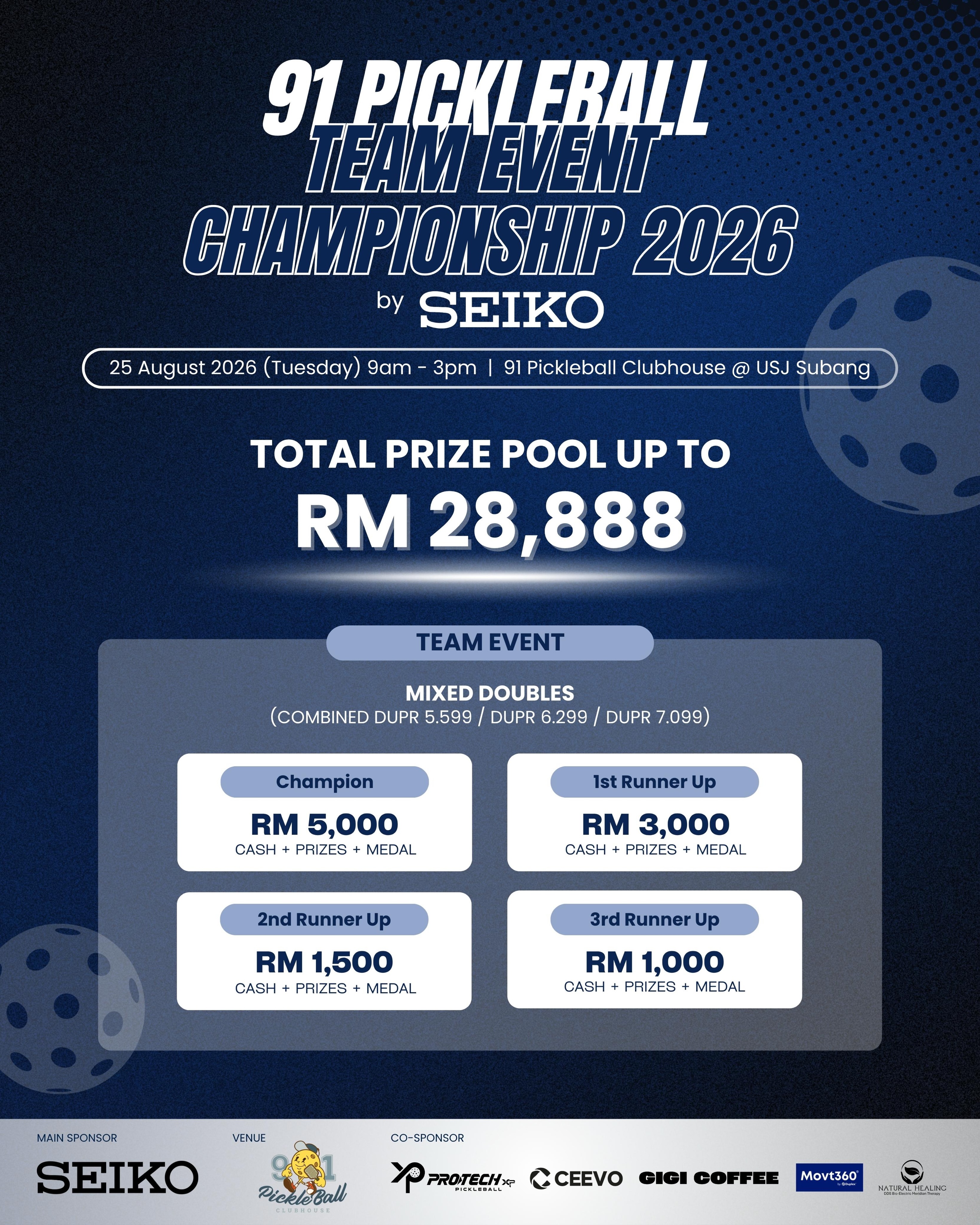 91 Pickleball Team Event Championship 2026 by SEIKO full day schedule from registration through 3rd/4th placing and final