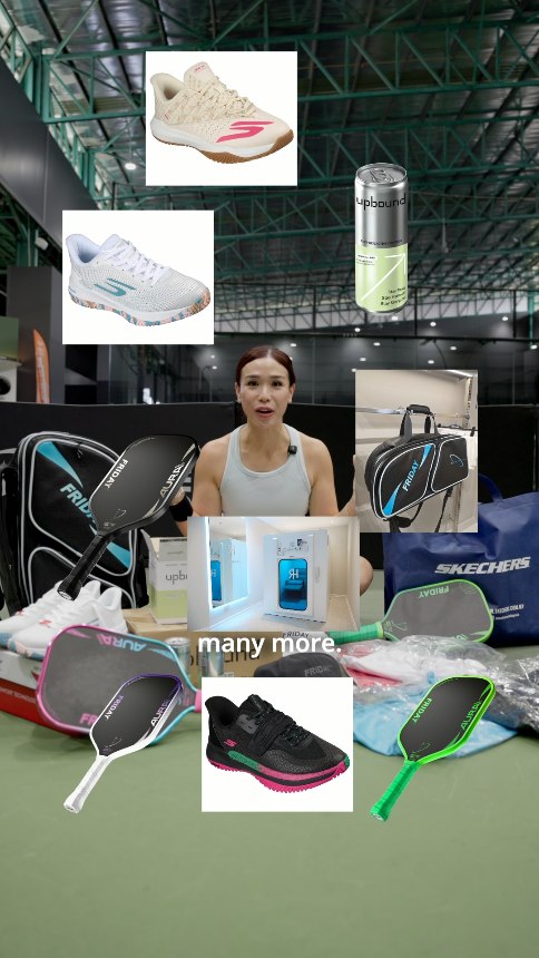 Toi Sieu Ee's birthday giveaway prize spread from Friday Pickleball, Skechers, and Upbound
