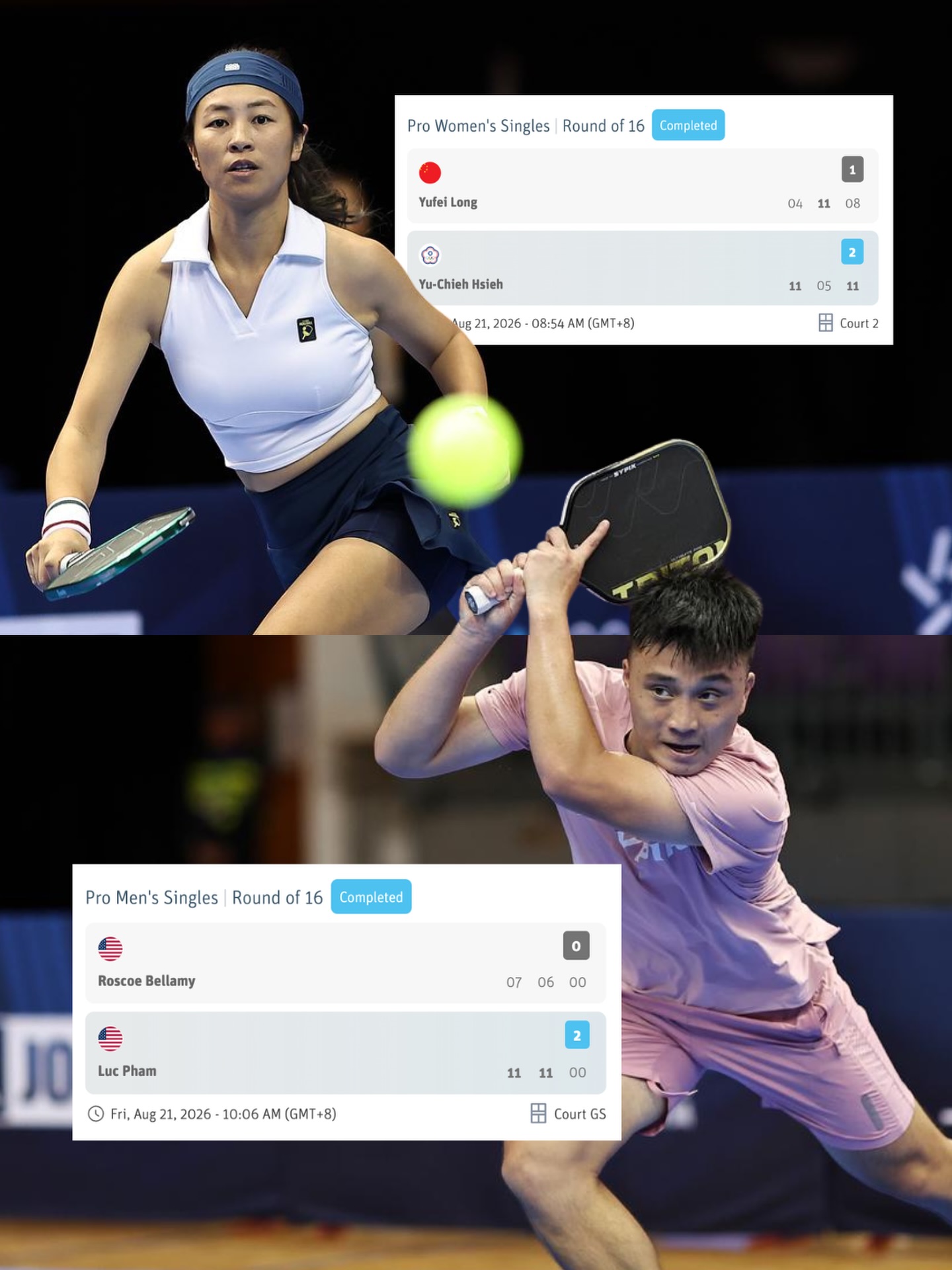 PPA Asia 500 Skechers Shenzhen Open Round of 16 scoreboards, Yu-Chieh Hsieh over Yufei Long and Luc Pham over Roscoe Bellamy