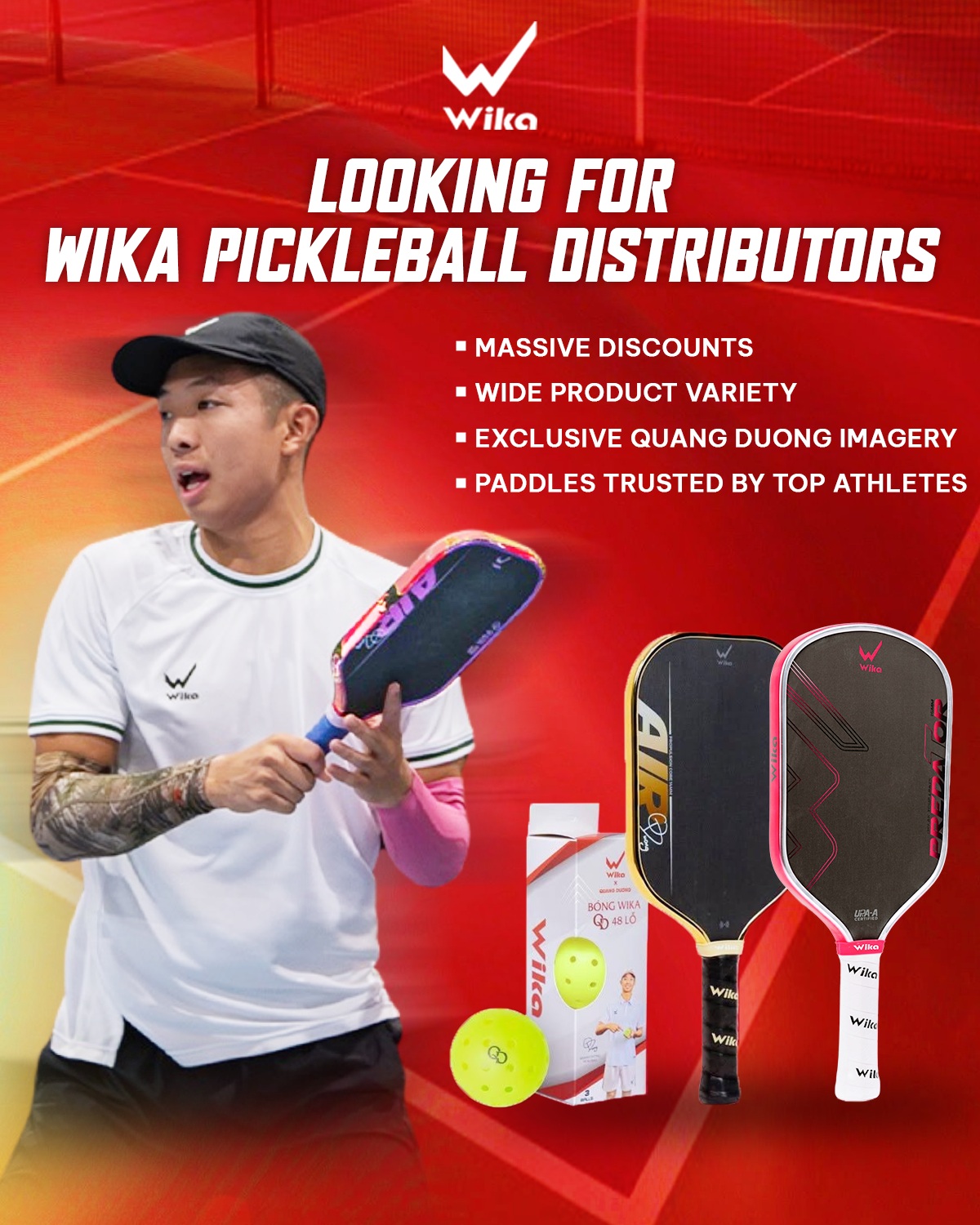 Wika distributor recruitment poster from 11 Aug featuring Quang Duong, the Air and Predator paddles and a Wika x Quang Duong ball