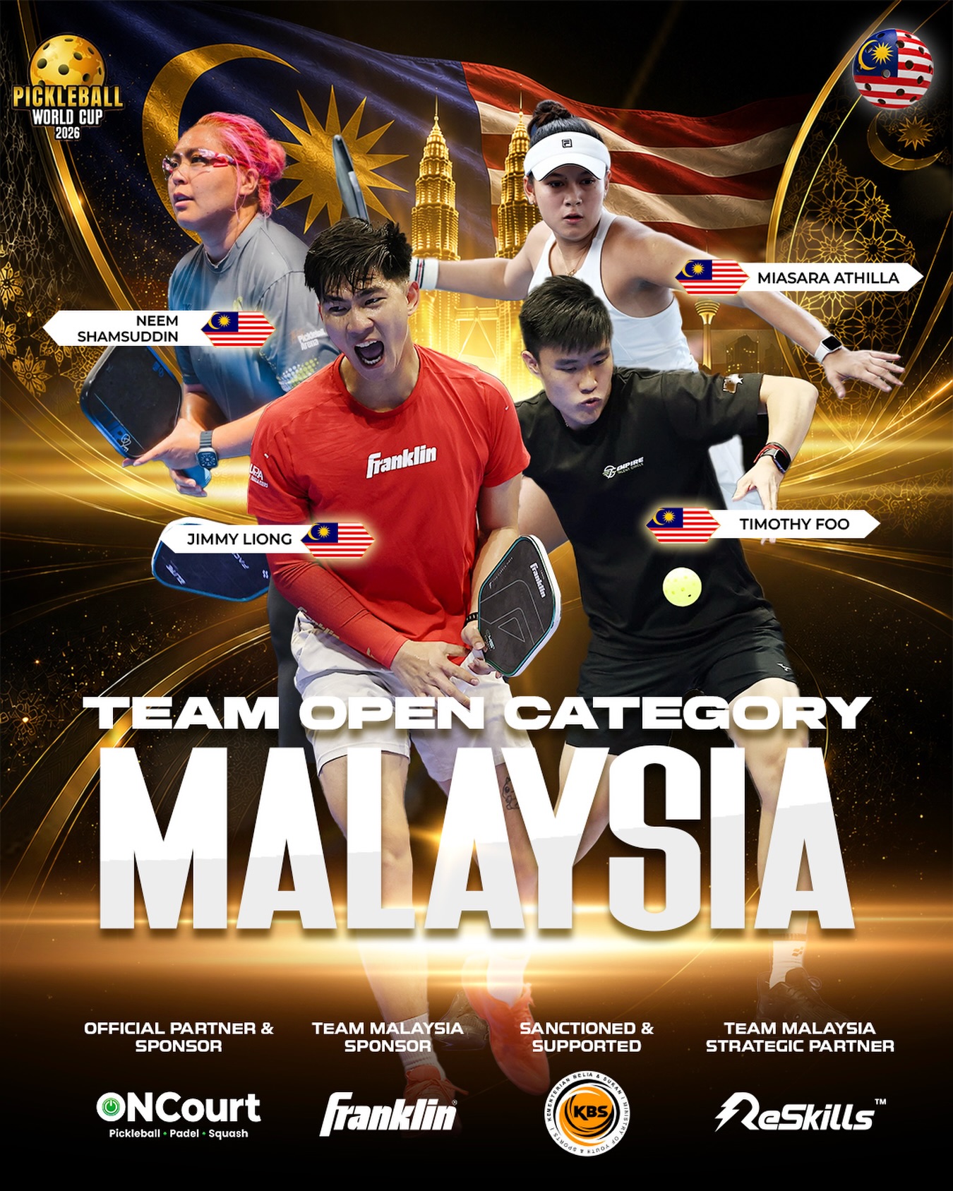 Team Malaysia Pickleball World Cup 2026 Open Category squad, Jimmy Liong, Neem Shamsuddin, Miasara Athilla, Timothy Foo