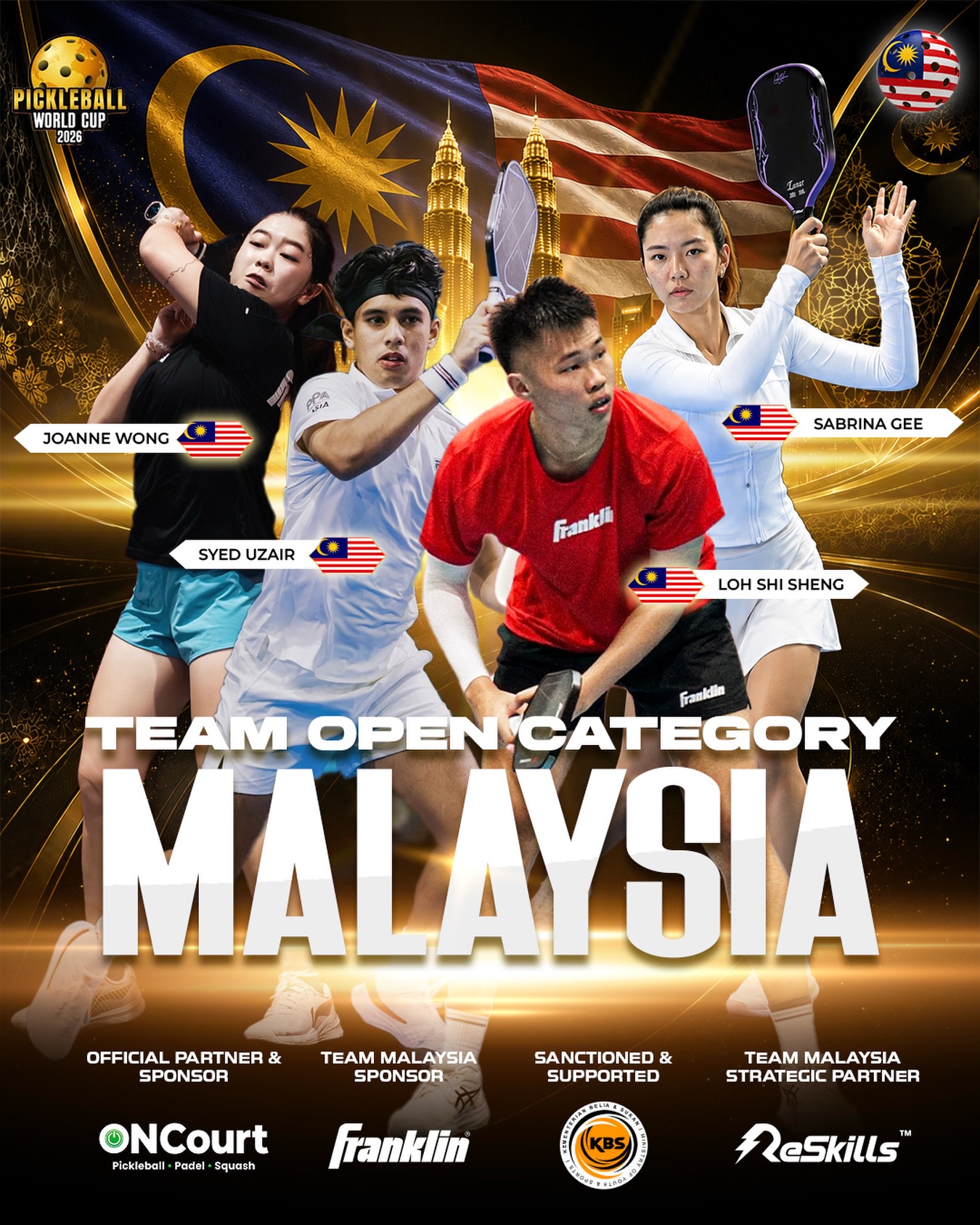 Team Malaysia Pickleball World Cup 2026 Open Category squad, Joanne Wong, Syed Uzair, Loh Shi Sheng, Sabrina Gee