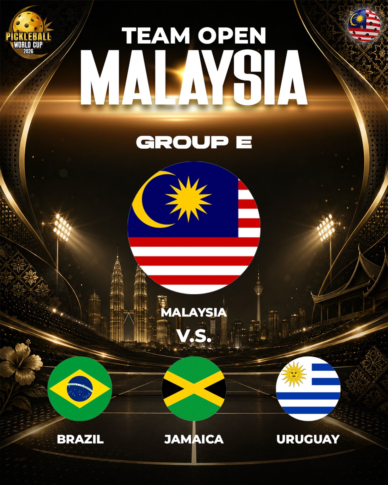 Team Open Malaysia's Group E draw at the Pickleball World Cup 2026, facing Brazil, Jamaica, and Uruguay