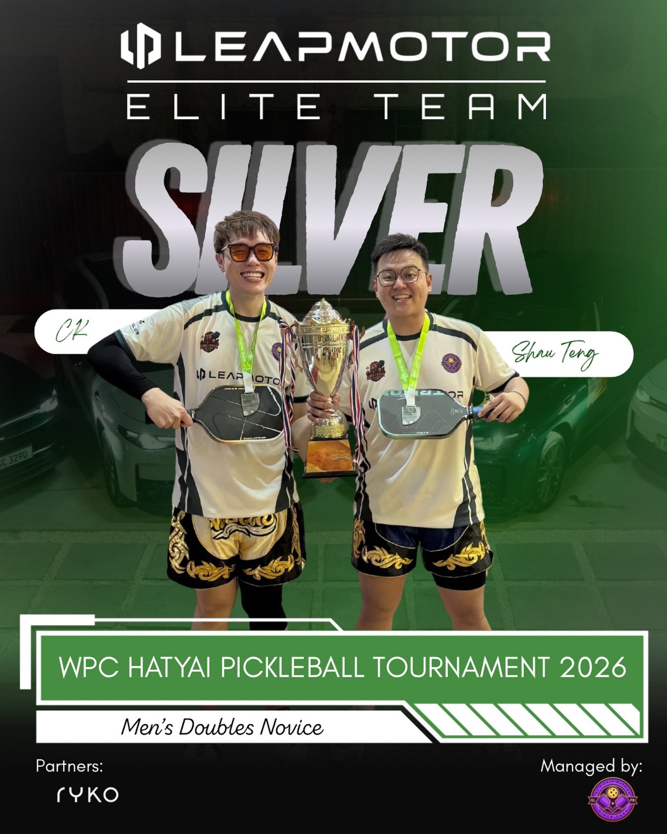 CK and Shau Teng, KL Pickle Buddies' Leapmotor Elite Team, runners-up in Men's Doubles Novice at WPC Hatyai Pickleball Tournament 2026