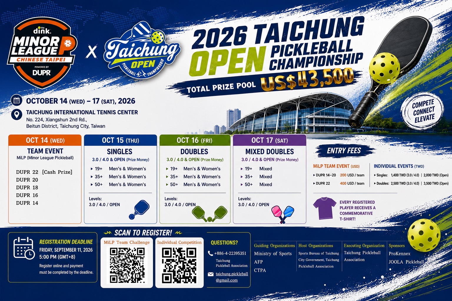 2026 Taichung Open Pickleball Championship official poster, US$43,500 prize pool, October 14-17, 2026