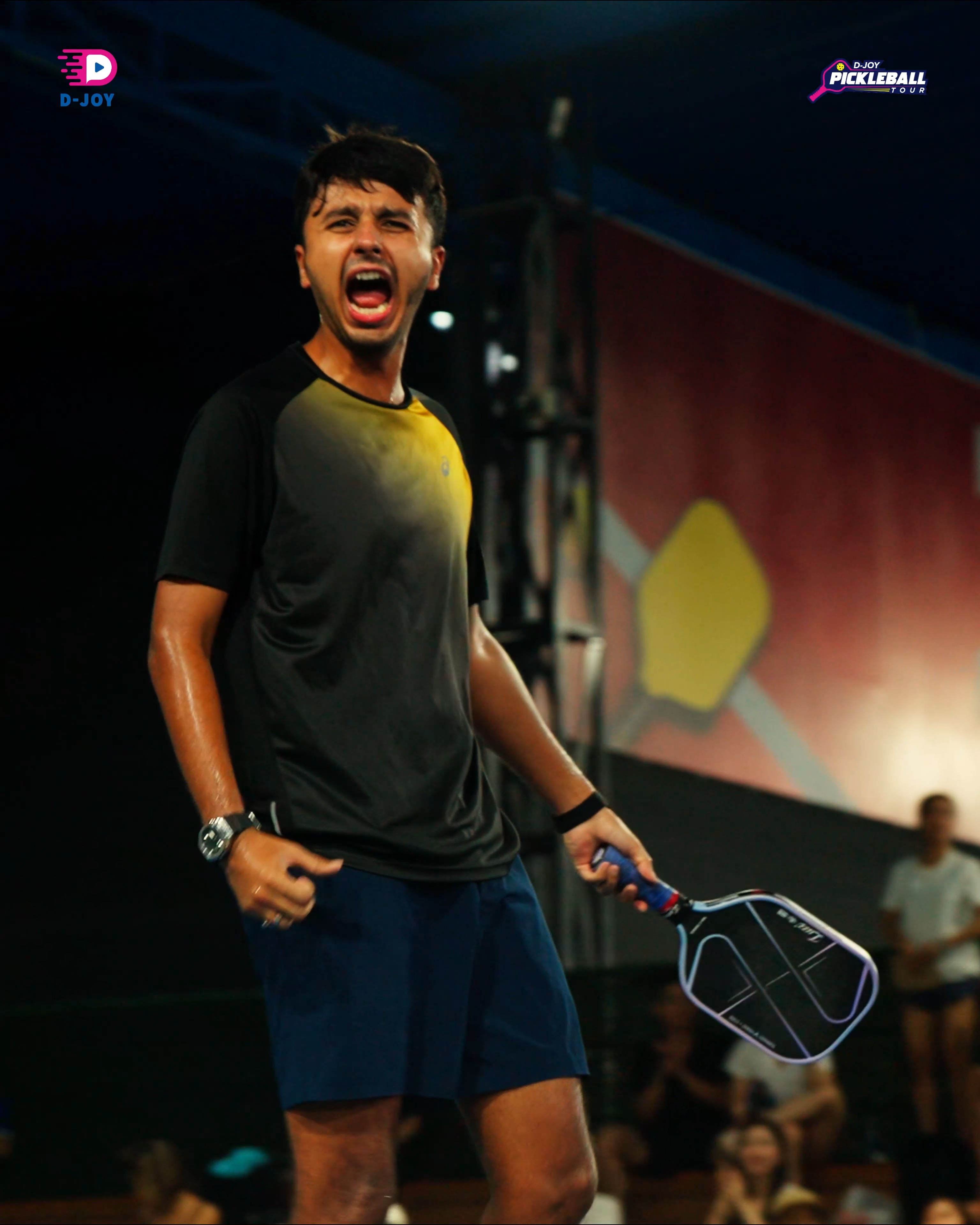 Harsh Mehta celebrates at D-Joy Pickleball Tour, holding a Luzz-branded paddle, ahead of Leg 3, the Petrolimex Saigon Cup