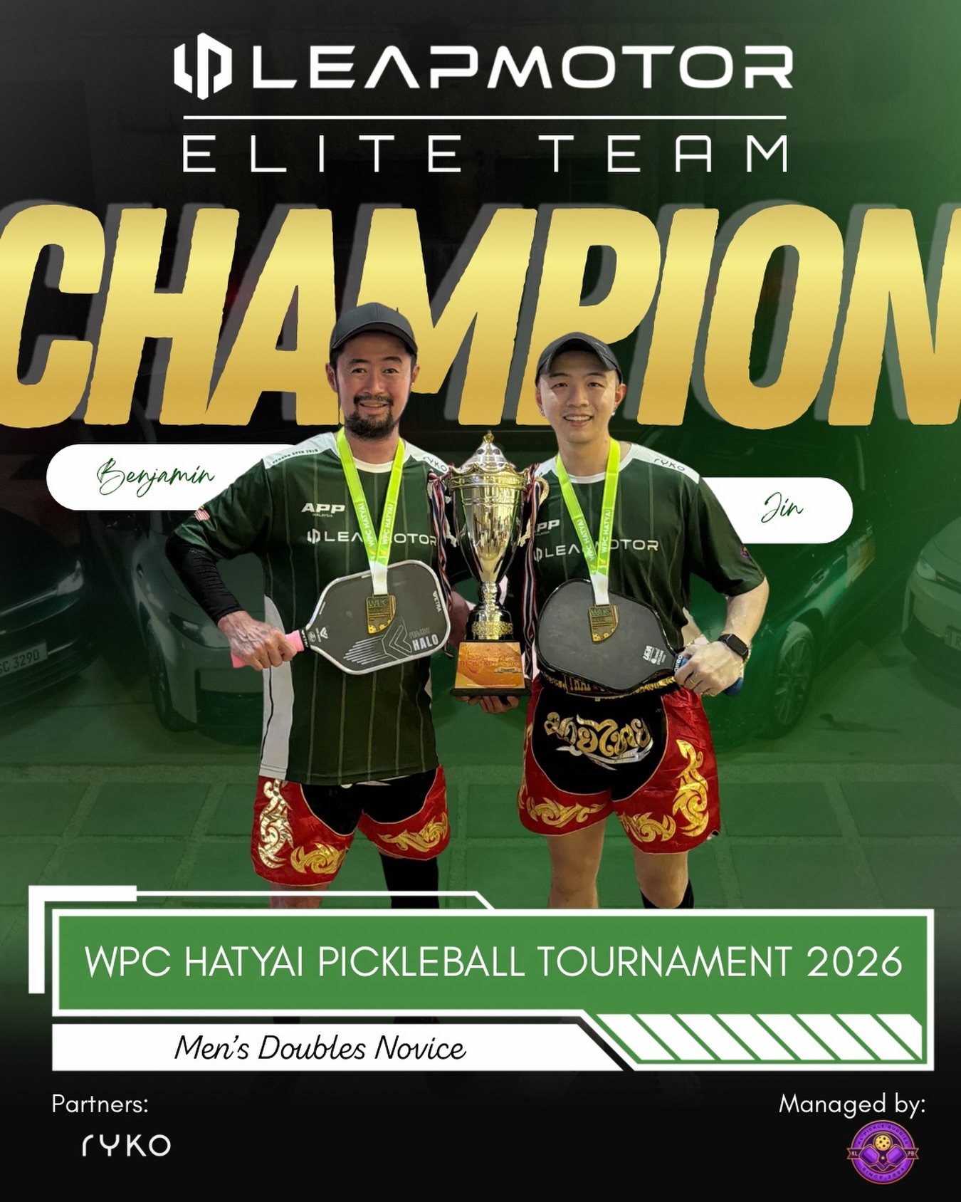 Benjamin Lim and Jin, KL Pickle Buddies' Leapmotor Elite Team, champions of Men's Doubles Novice at WPC Hatyai Pickleball Tournament 2026