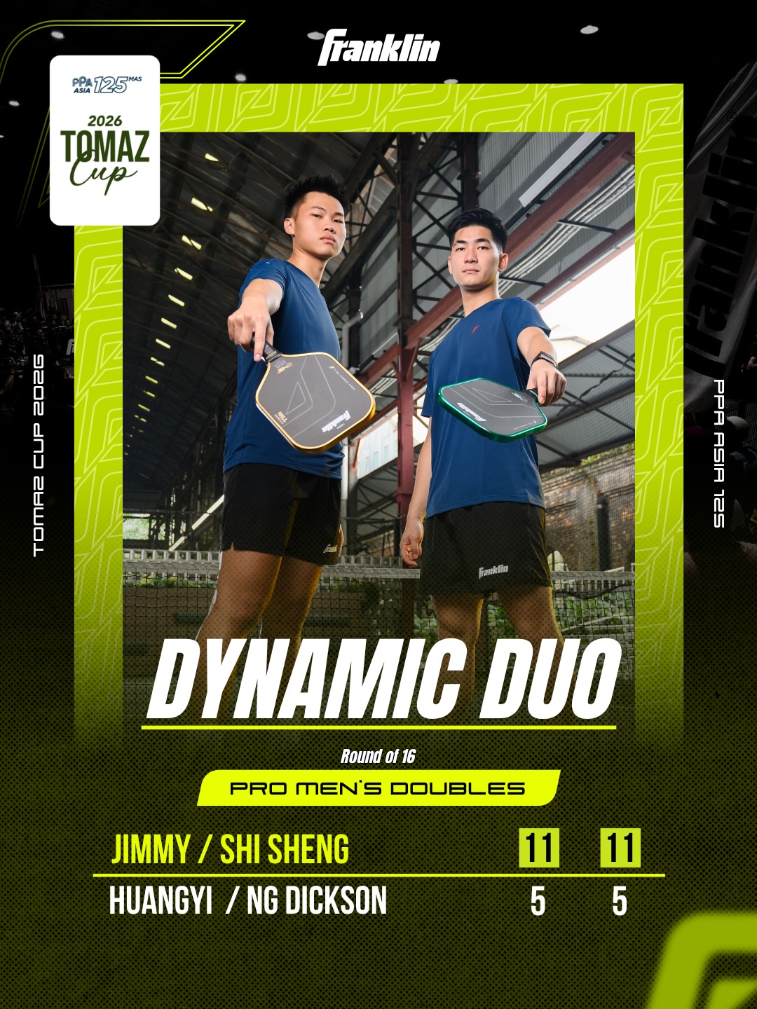 Jimmy Liong and Loh Shi Sheng beat Huangyi and Ng Dickson 11-5, 11-5 in the Round of 16 at the 2026 Tomaz Cup PPA Asia 125
