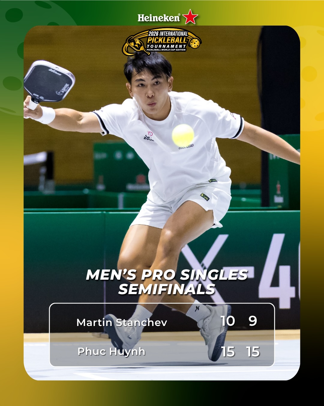 Phuc Huynh diving for a shot in the Men's Pro Singles semifinal against Martin Stanchev