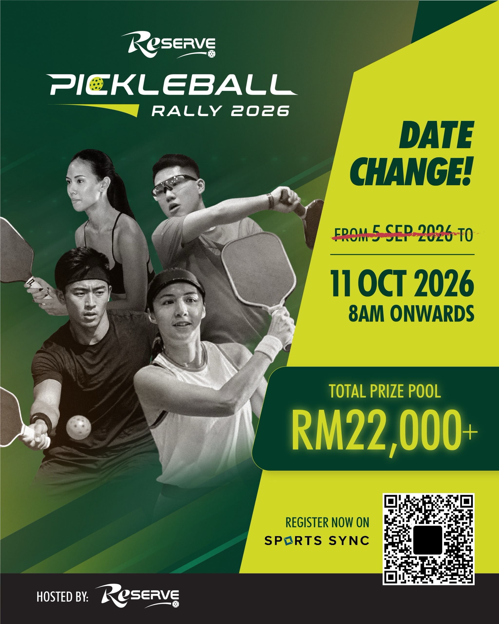 Reserve Pickleball Rally 2026 date change graphic, from 5 September to 11 October 2026.