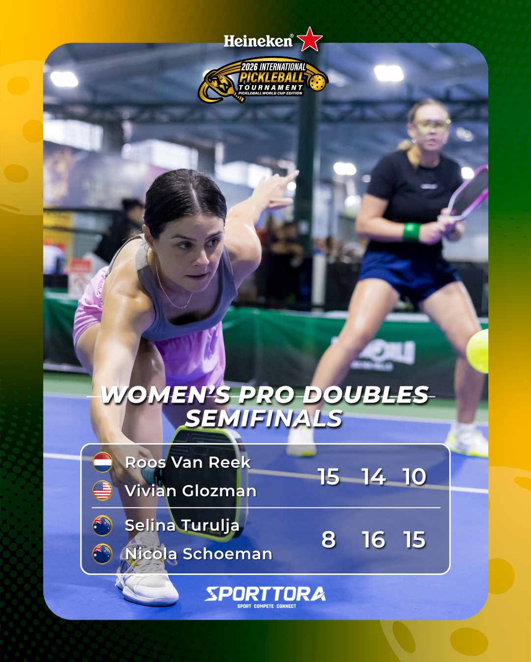 Roos Van Reek stretches for a low return during her Women's Doubles semifinal