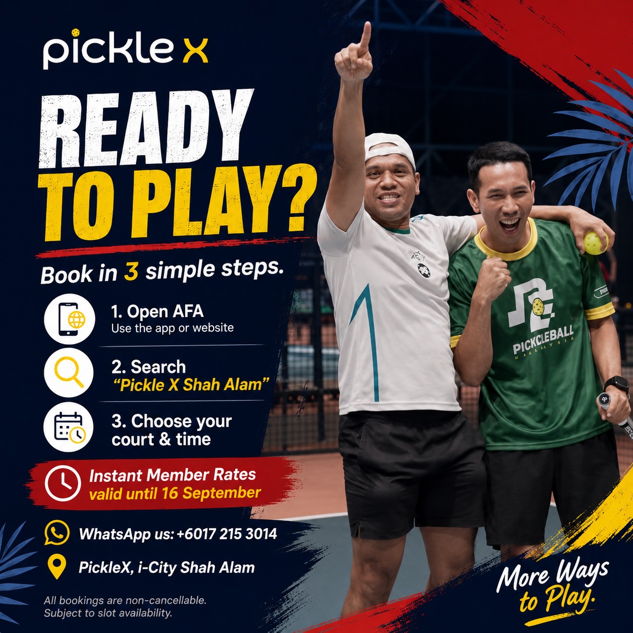 PickleX booking steps and players celebrating on court