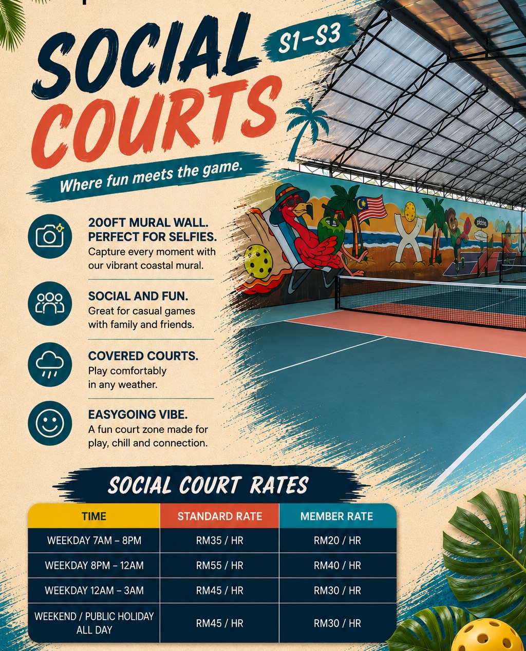 PickleX Social Courts with 200 foot coastal mural