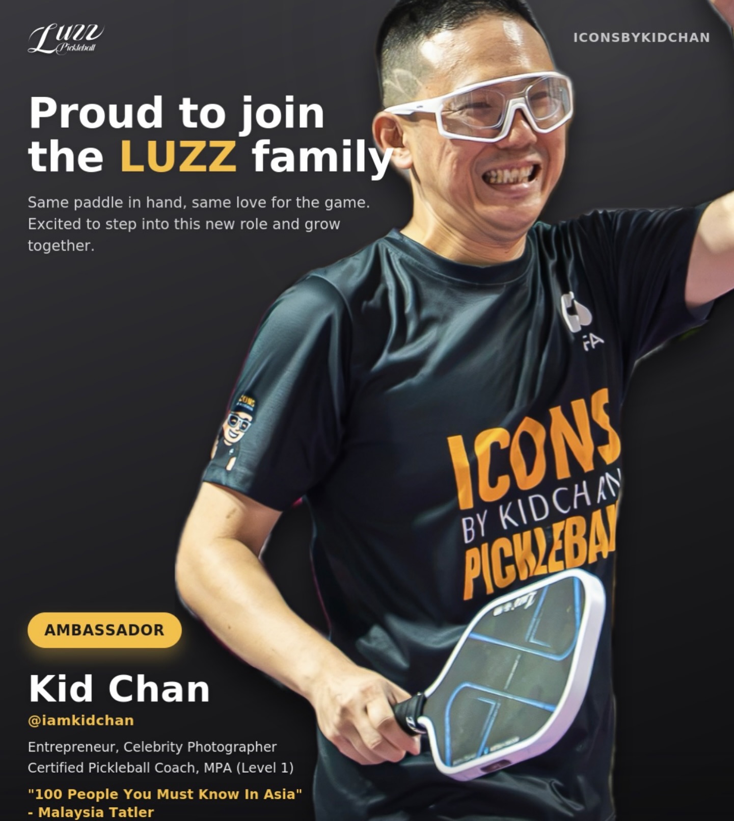 An official Luzz Pickleball graphic announcing Kid Chan as a brand ambassador, showing him holding a Luzz paddle in his ICONS by KidChan Pickleball jersey.