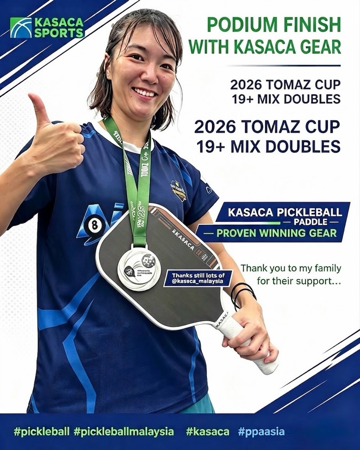 A Kasaca-sponsored athlete holds up her silver medal from the 2026 Tomaz Cup's 19+ Mixed Doubles category