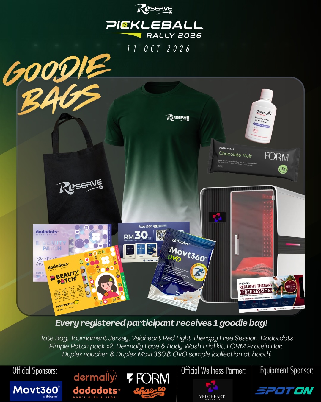Reserve Pickleball Rally 2026 goodie bag contents, including a Reserve jersey, tote bag and sponsor products.