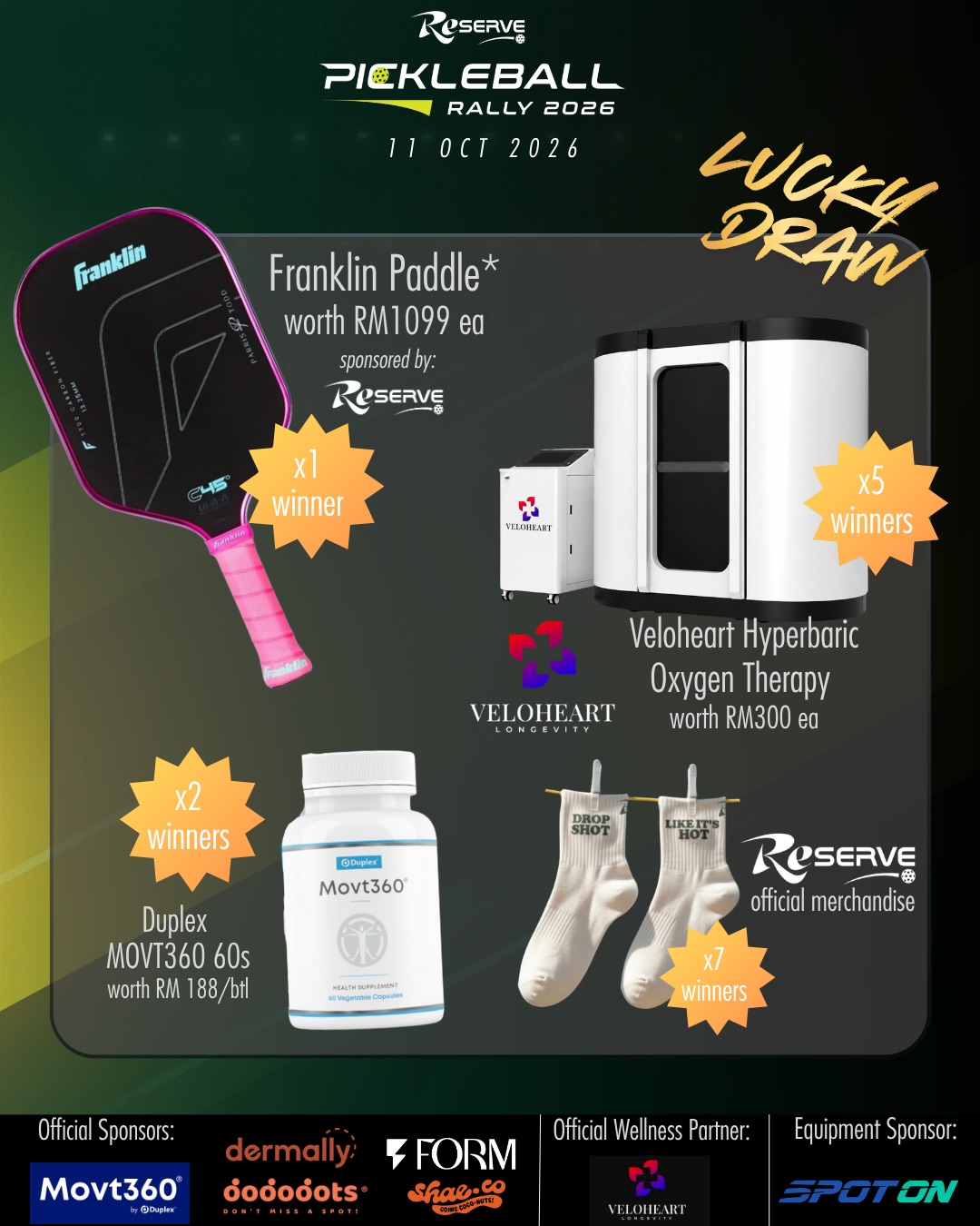 Reserve Pickleball Rally 2026 lucky draw prizes, including a Franklin paddle and Veloheart hyperbaric oxygen therapy sessions.