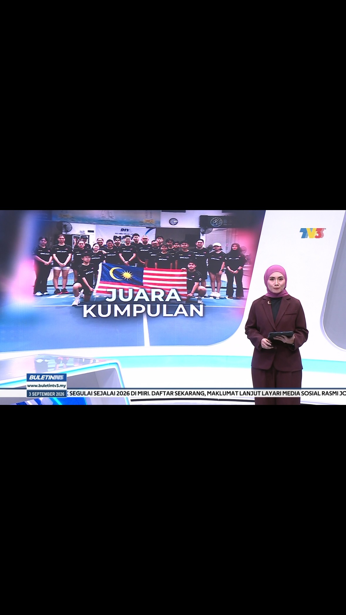 TV3 Buletin news segment featuring Team Malaysia's pickleball squad as group stage champions