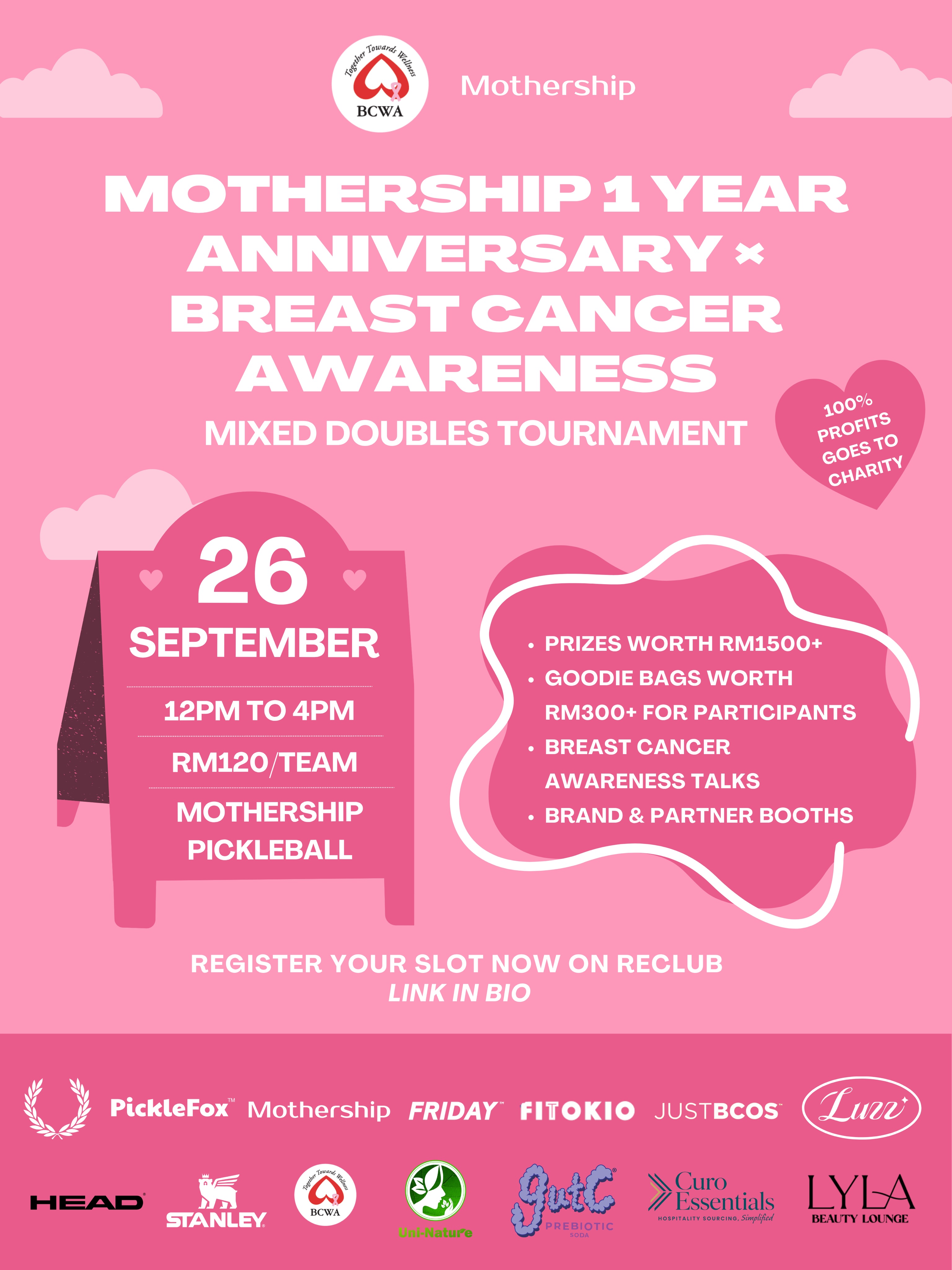 Mothership Pickleball's Play for a Purpose 1st Anniversary Mixed Doubles tournament poster.