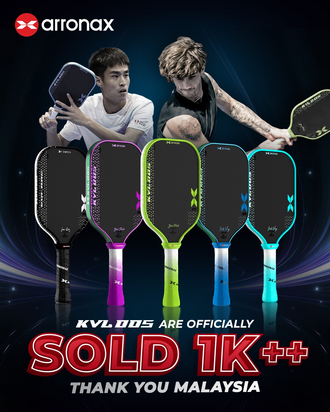 Arronax KVL005 paddles in five launch colorways, marking the paddle's 1,000-unit sales milestone in Malaysia