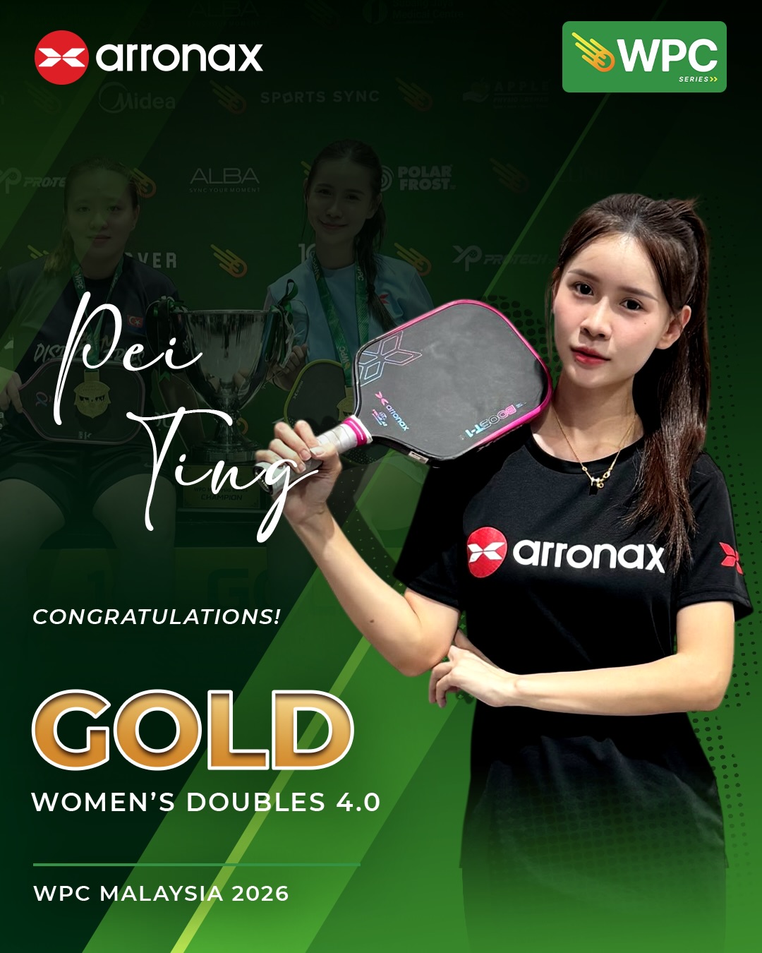Pei Ting posing with an Arronax paddle after winning gold in Women's Doubles 4.0 at WPC Malaysia 2026.