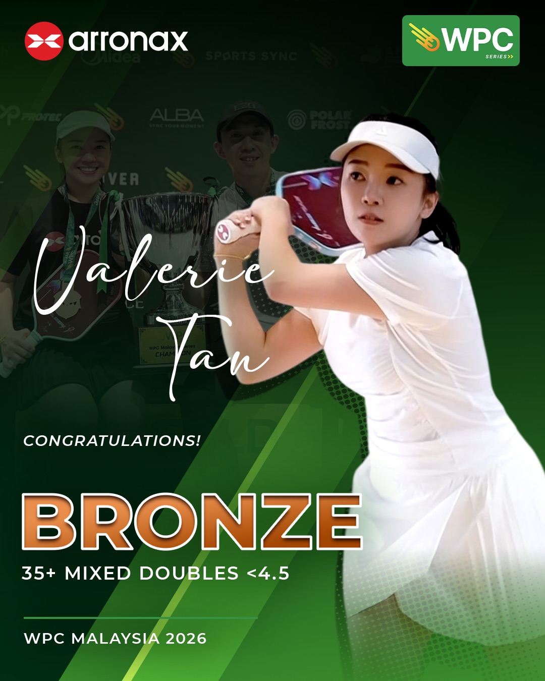Valerie Tan posing with a trophy after winning bronze in 35+ Mixed Doubles under 4.5 at WPC Malaysia 2026.