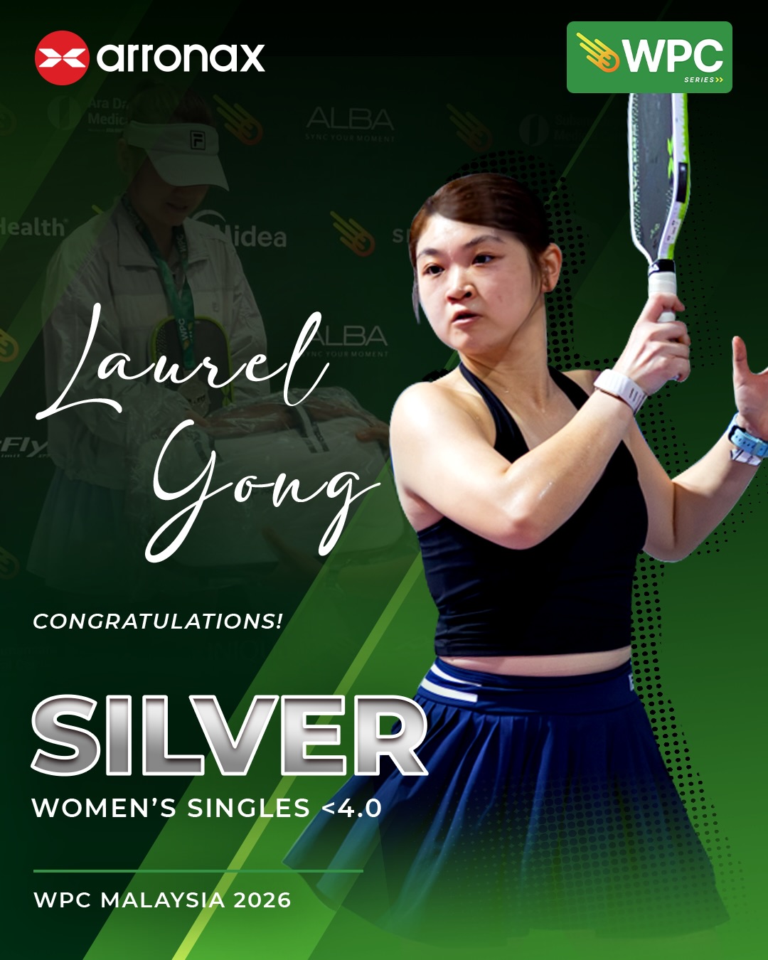 Laurel Yong in action at WPC Malaysia 2026, wearing Arronax branded apparel, after winning silver in Women's Singles under 4.0.