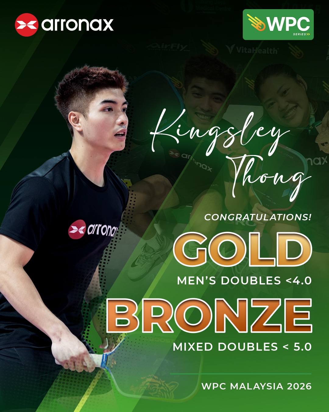 Kingsley Thong holding an Arronax Boost-1 paddle after winning gold and bronze at WPC Malaysia 2026.