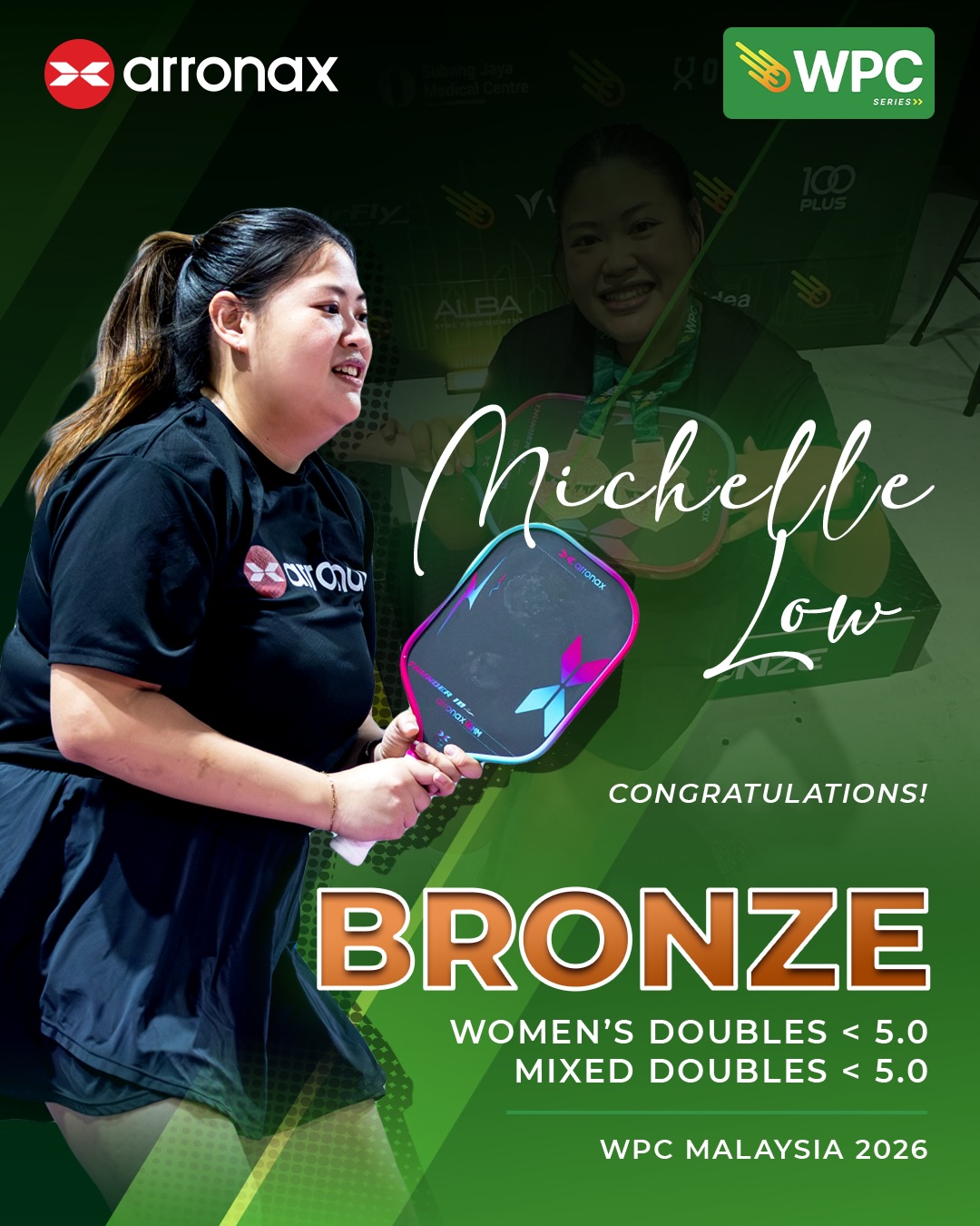 Michelle Low with an Arronax Thunder 18 paddle after winning double bronze at WPC Malaysia 2026.