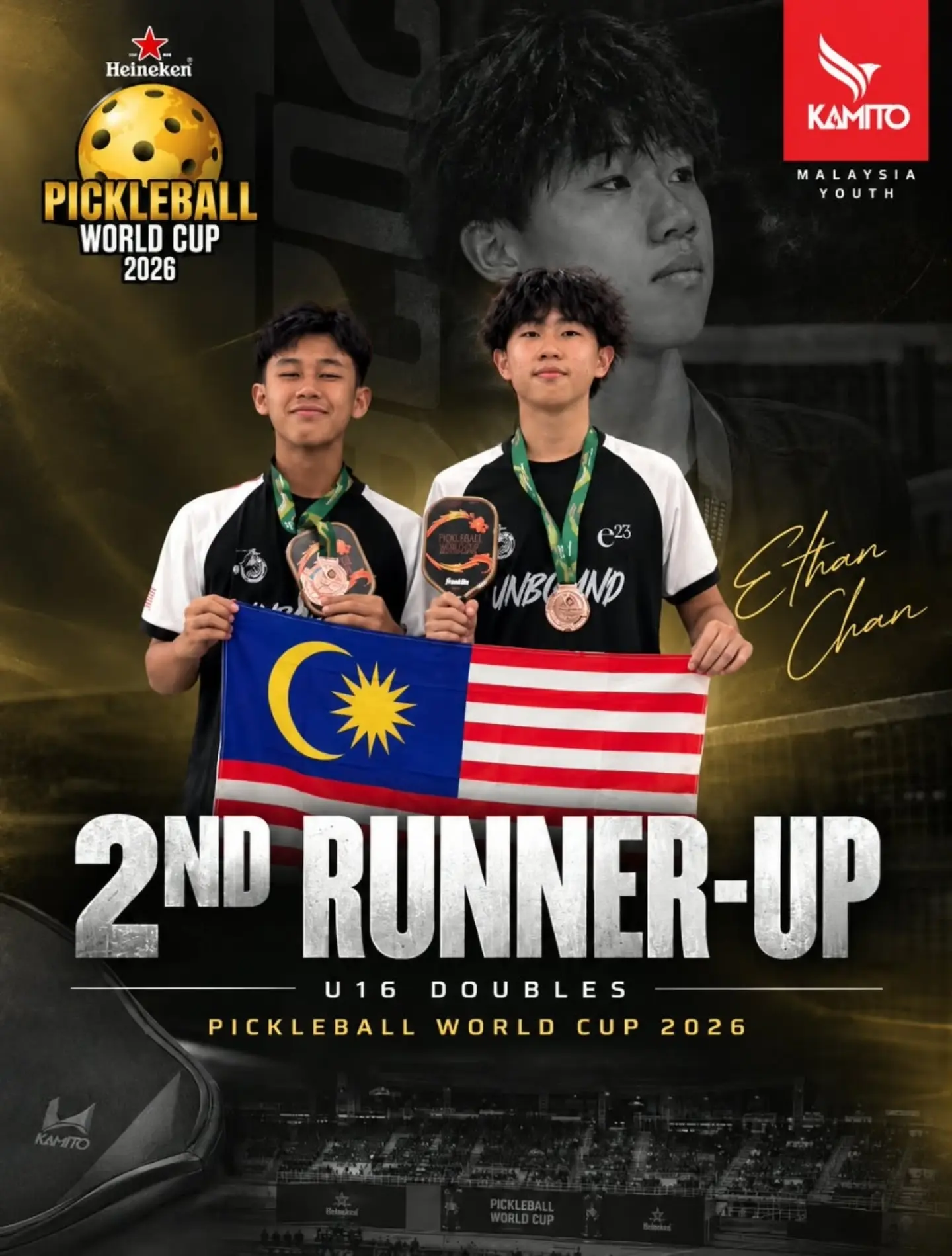Ethan Chan and his doubles partner hold up the Malaysian flag after winning bronze in U16 Doubles at the Pickleball World Cup 2026