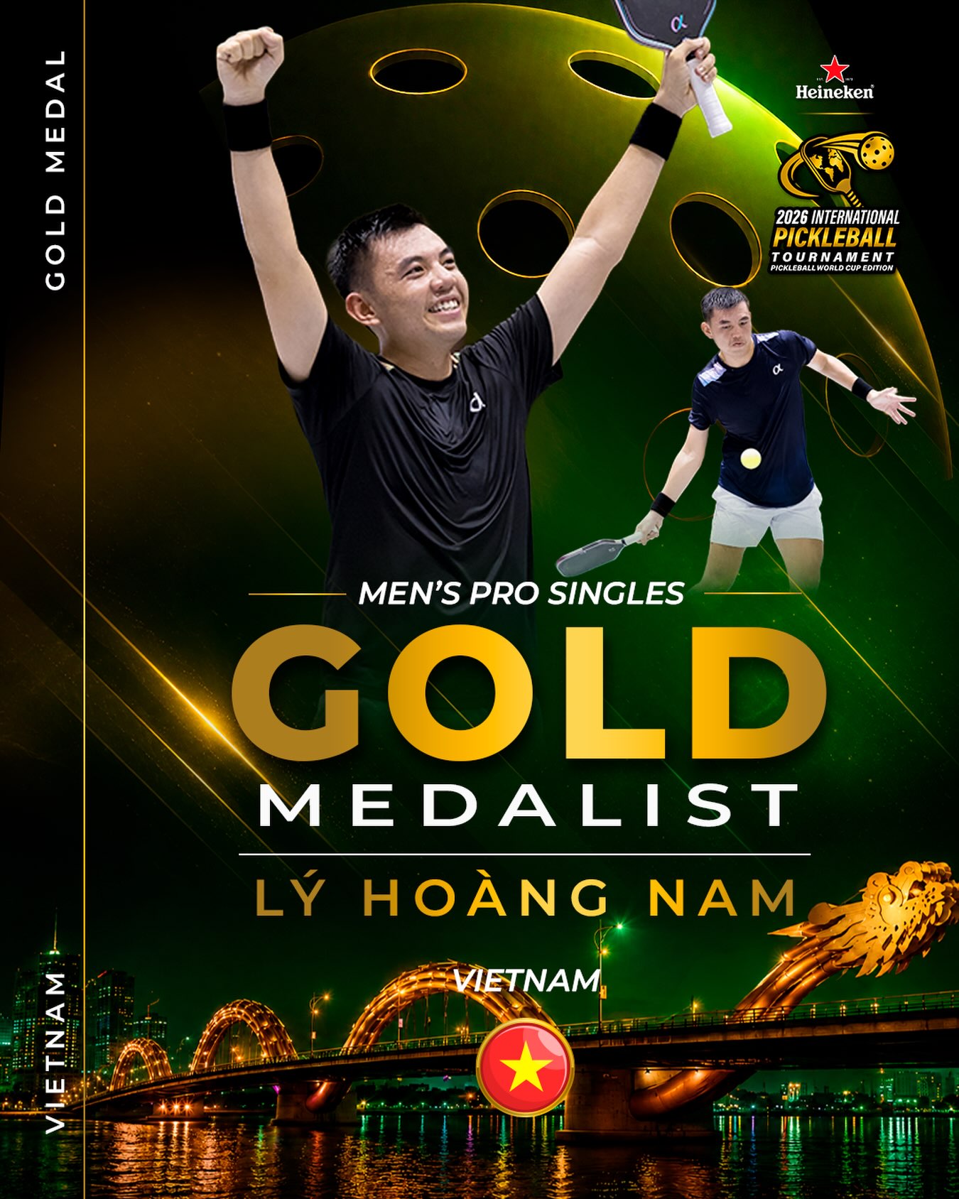 Ly Hoang Nam celebrating his Men's Pro Singles gold medal at the Heineken Pickleball World Cup 2026