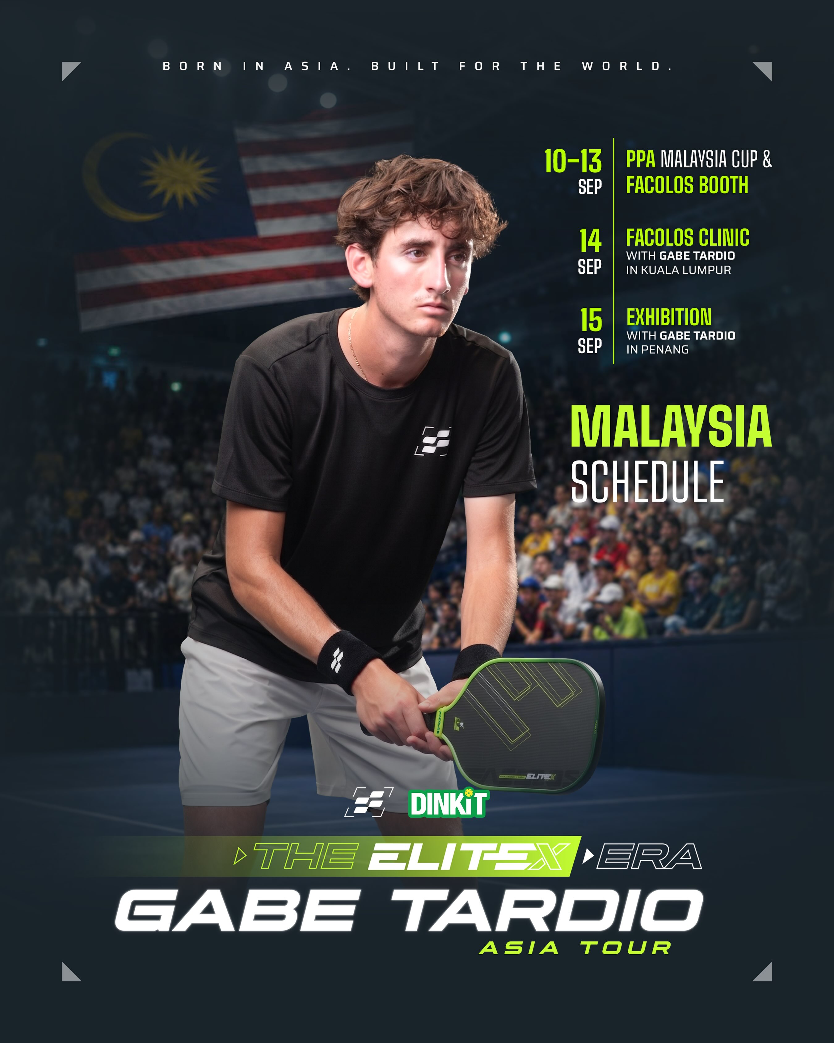Facolos graphic listing Gabe Tardio's full Malaysia schedule: the Leapmotor Kuala Lumpur Cup 10 to 13 Sept, a Facolos clinic in Kuala Lumpur on 14 Sept, and an exhibition in Penang on 15 Sept