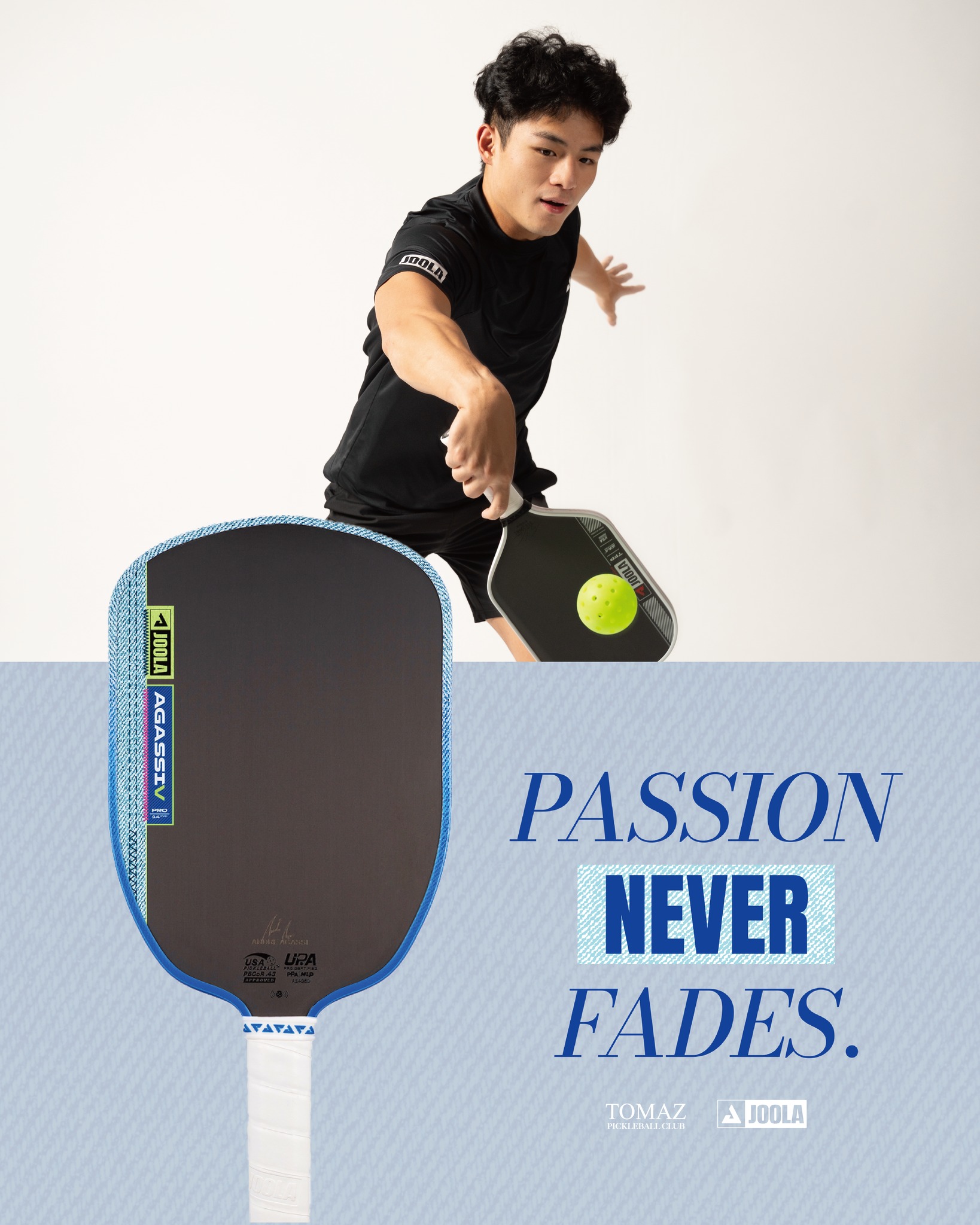 A JOOLA sponsored athlete in action with the Agassi Pro V Washed Indigo paddle