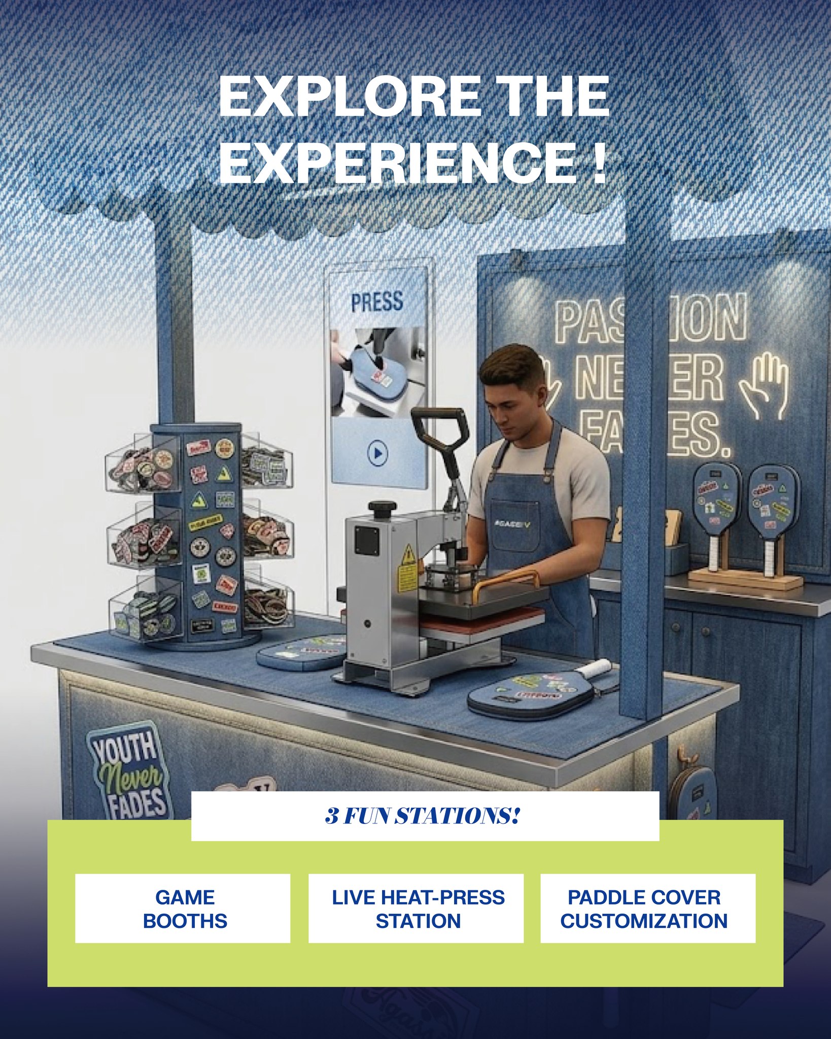 Game booths and a live heat press station set up for the Agassi V Washed Indigo launch party
