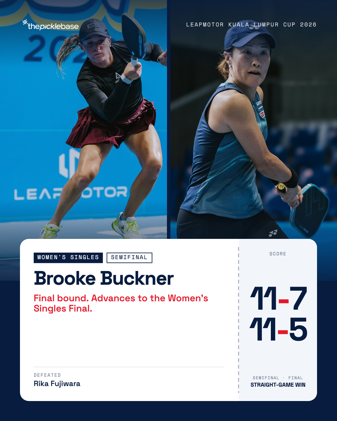 Brooke Buckner defeats Rika Fujiwara 11-7, 11-5 in the semifinal