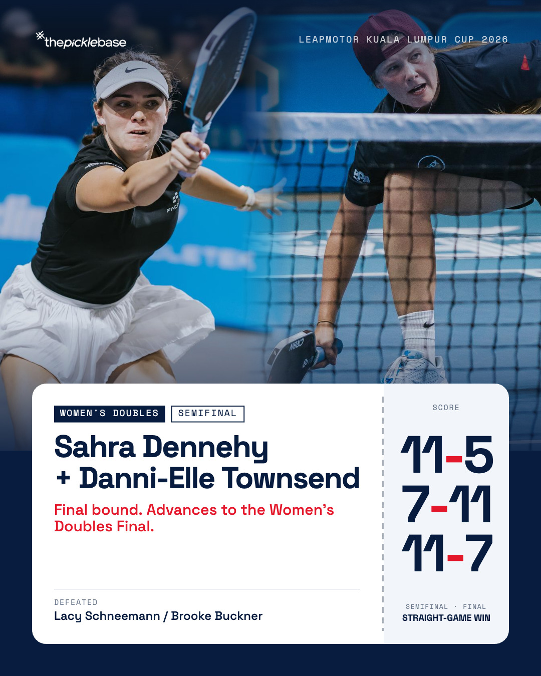 Sahra Dennehy and Danni-Elle Townsend defeat Lacy Schneemann and Brooke Buckner 11-5, 7-11, 11-7