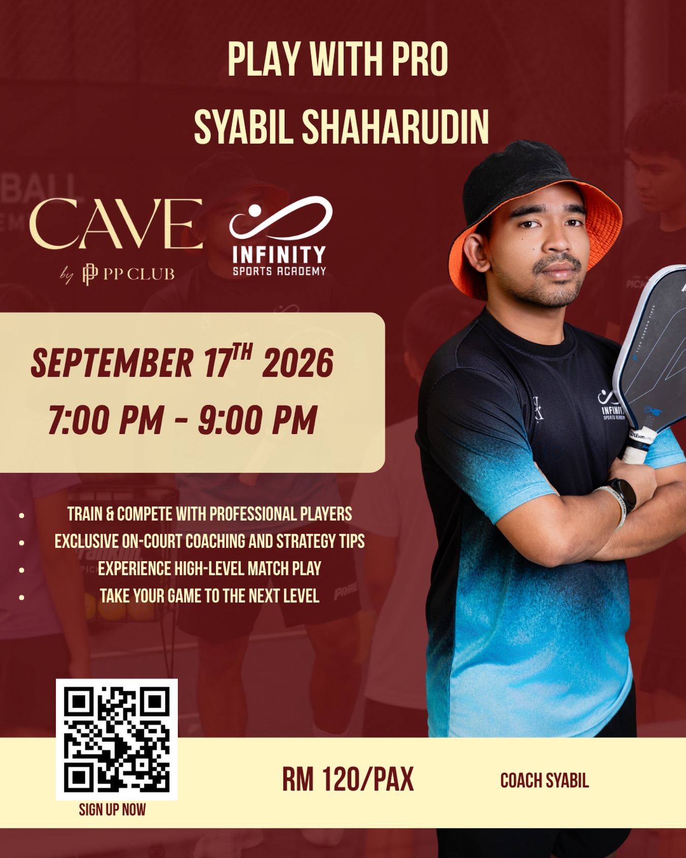 Syabil Shaharudin promotional poster for Infinity Sports Academy's Play With Pro session, 17 September 2026