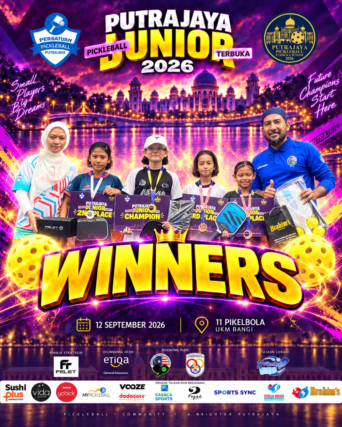 Putrajaya Pickleball Junior Terbuka 2026 winners holding their medals and prize hampers
