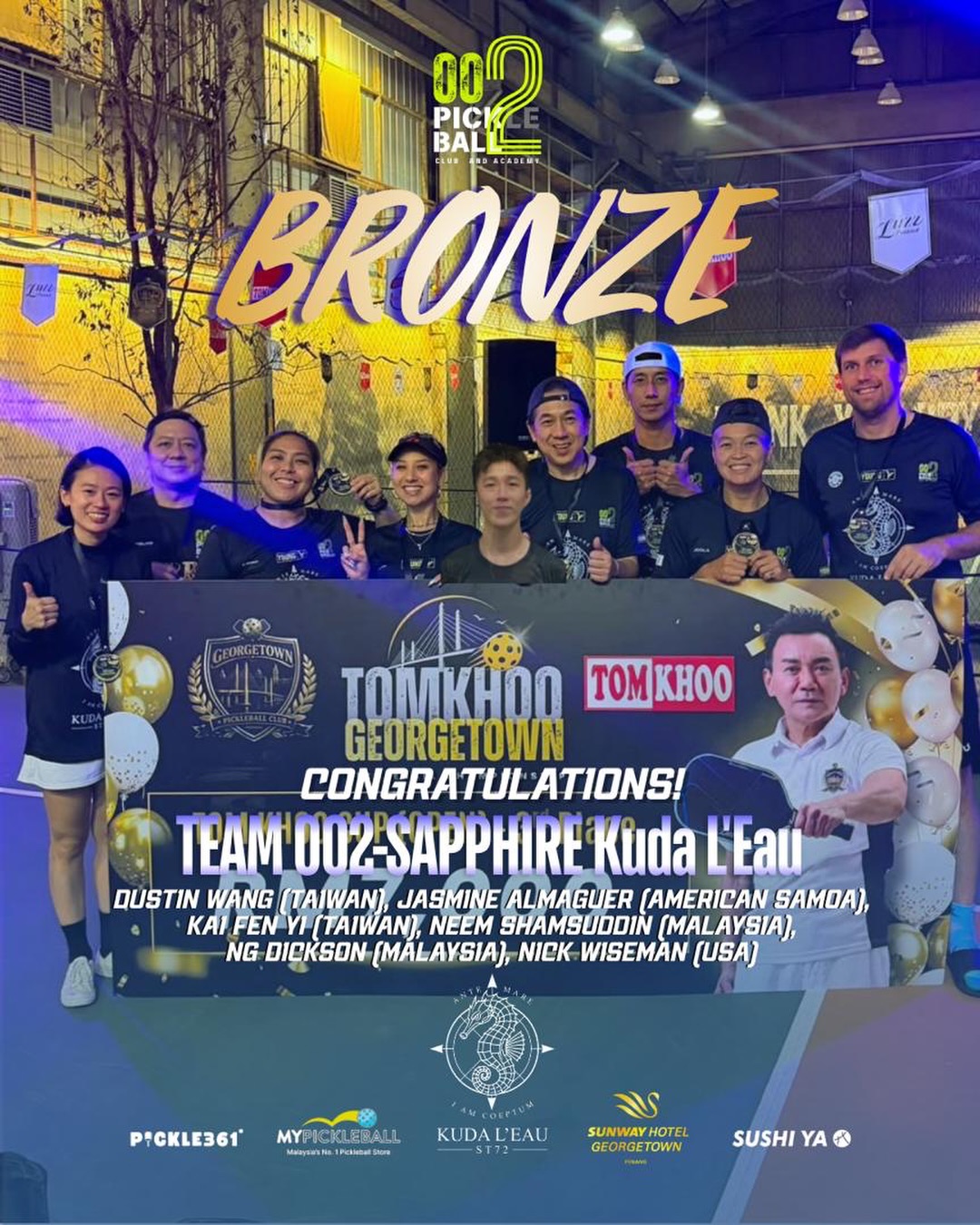 Team 002-Sapphire Kuda L'Eau celebrating their bronze medal at the Tom Khoo Georgetown Pickleball Championship