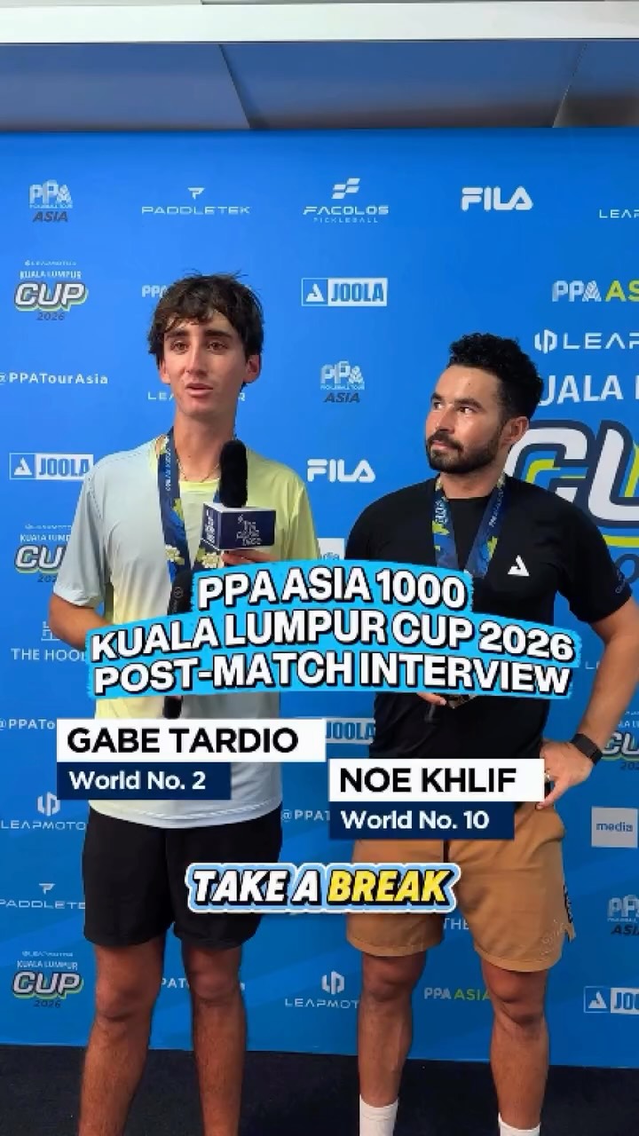 Gabe Tardio and Noe Khlif in a post-match interview at the PPA Asia 1000 Kuala Lumpur Cup 2026, labelled World No. 2 and World No. 10
