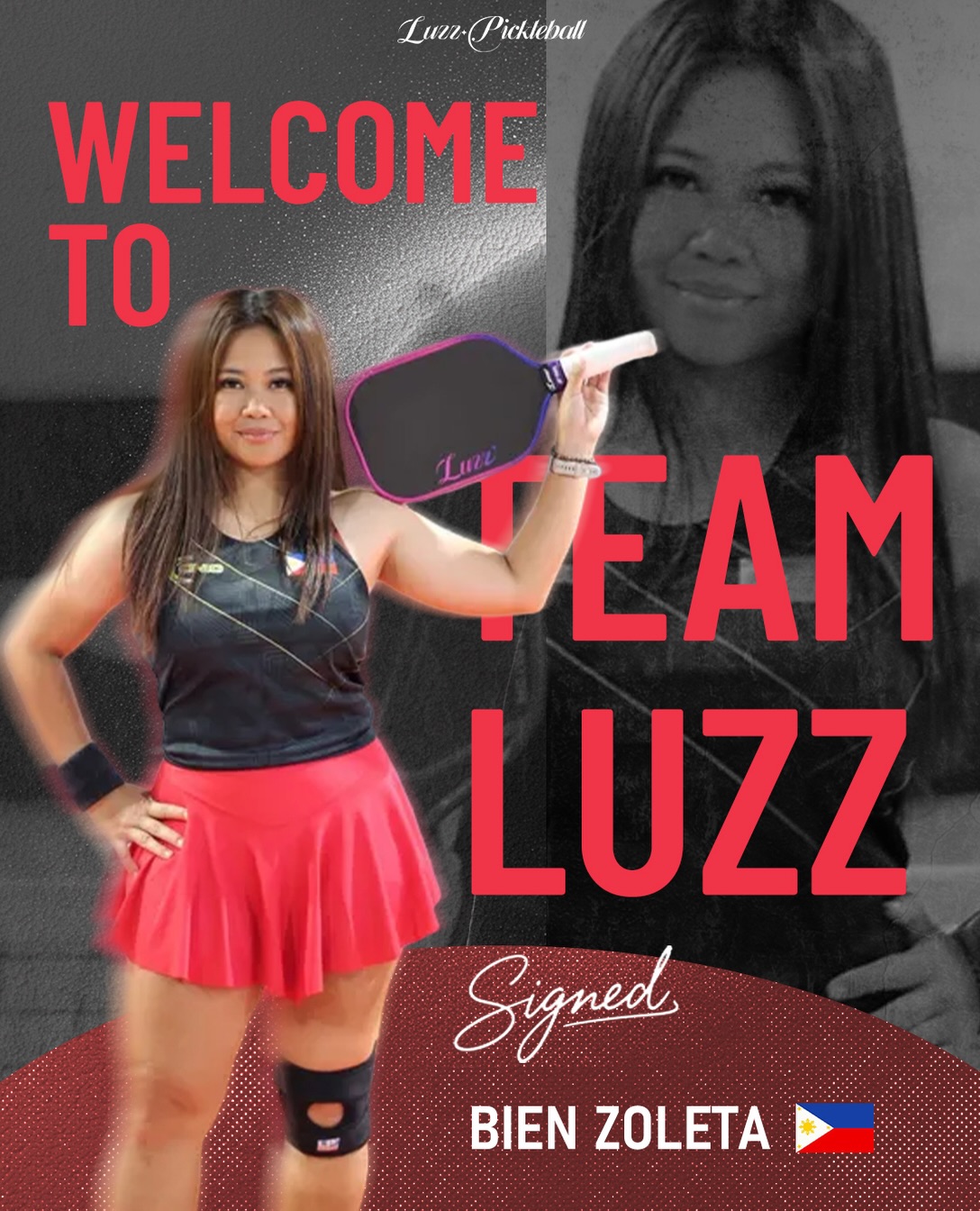 Bien Zoleta's welcome card from Luzz Pickleball, holding a purple and pink paddle with the Philippine flag