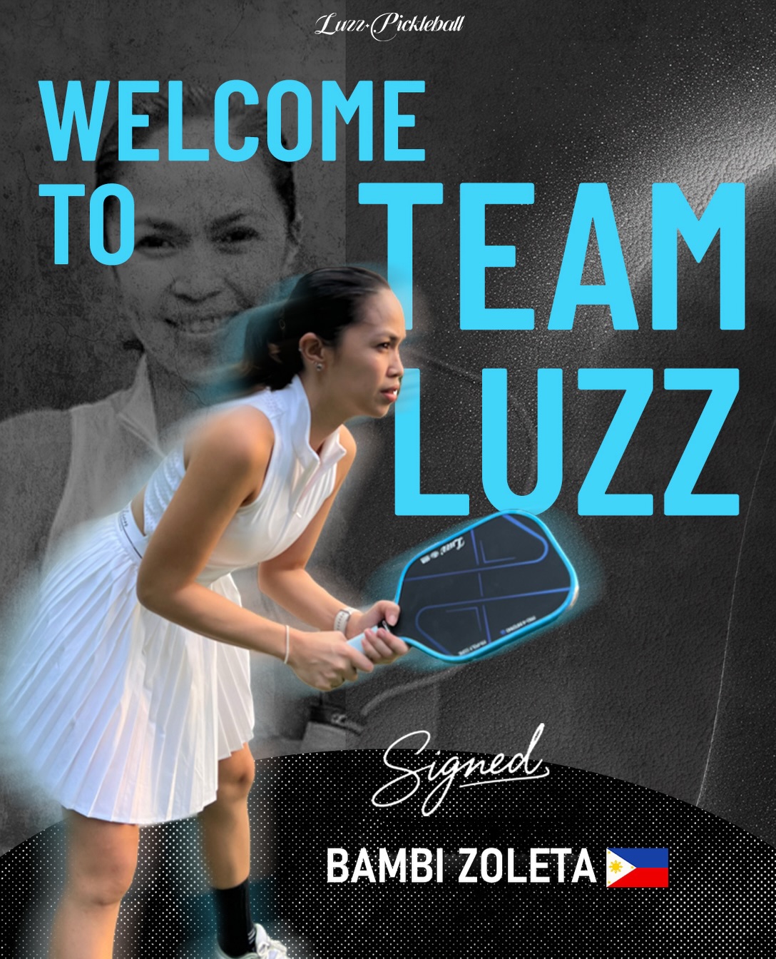 Bambi Zoleta's welcome card from Luzz Pickleball, holding a blue paddle in an athletic ready stance