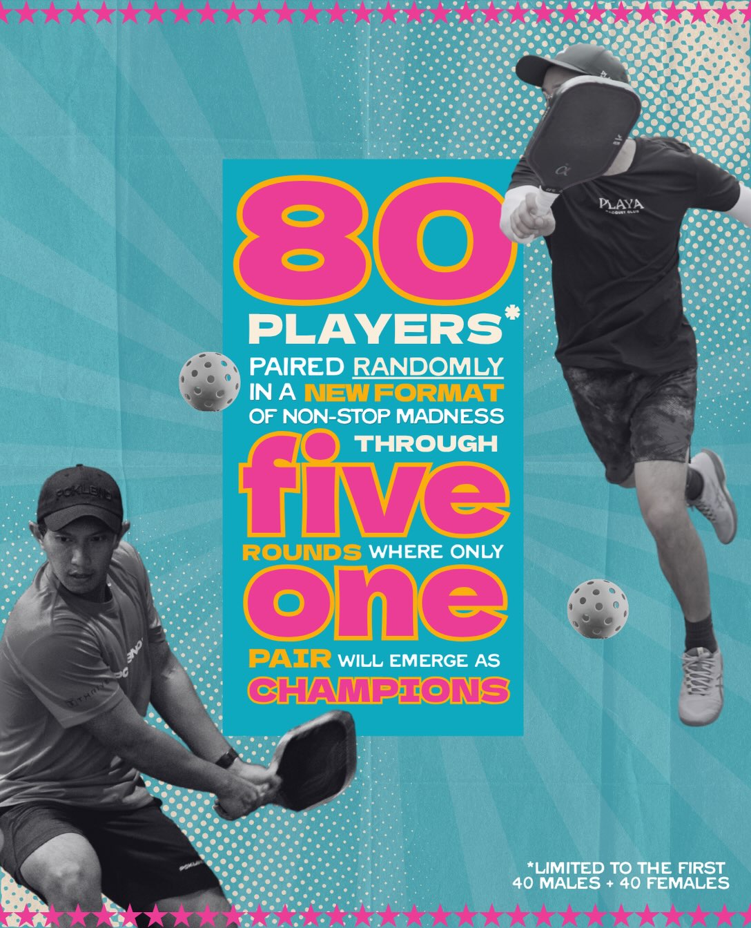 Eighty players randomly paired into new partnerships for five straight knockout rounds.